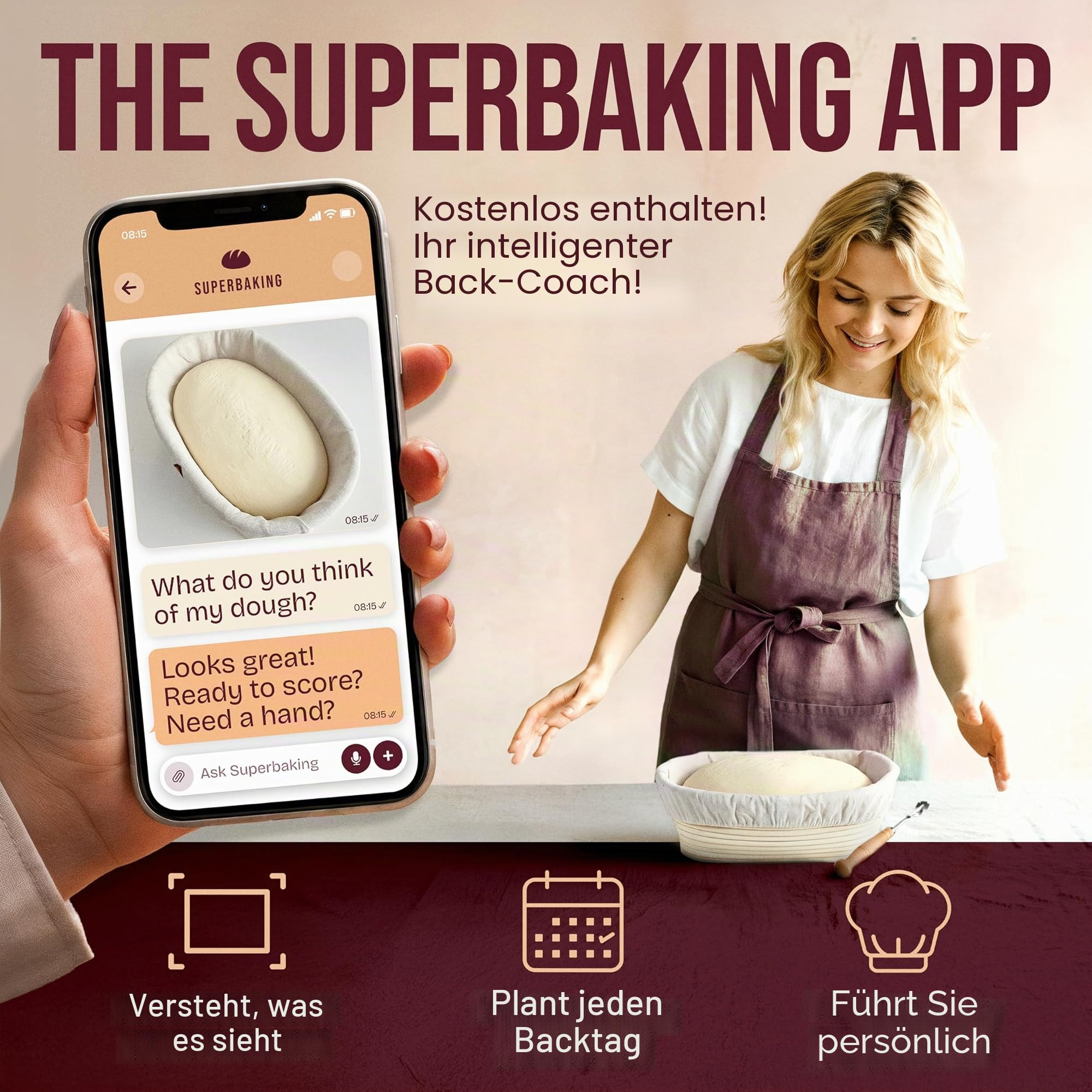Superbaking Banneton Brotgärkorb-Set, oval, 25,4 cm, Sauerteig-Gärkorb für Brot, Backzubehör, handwerkliches Brot-Set, Geschenke für Bäcker
