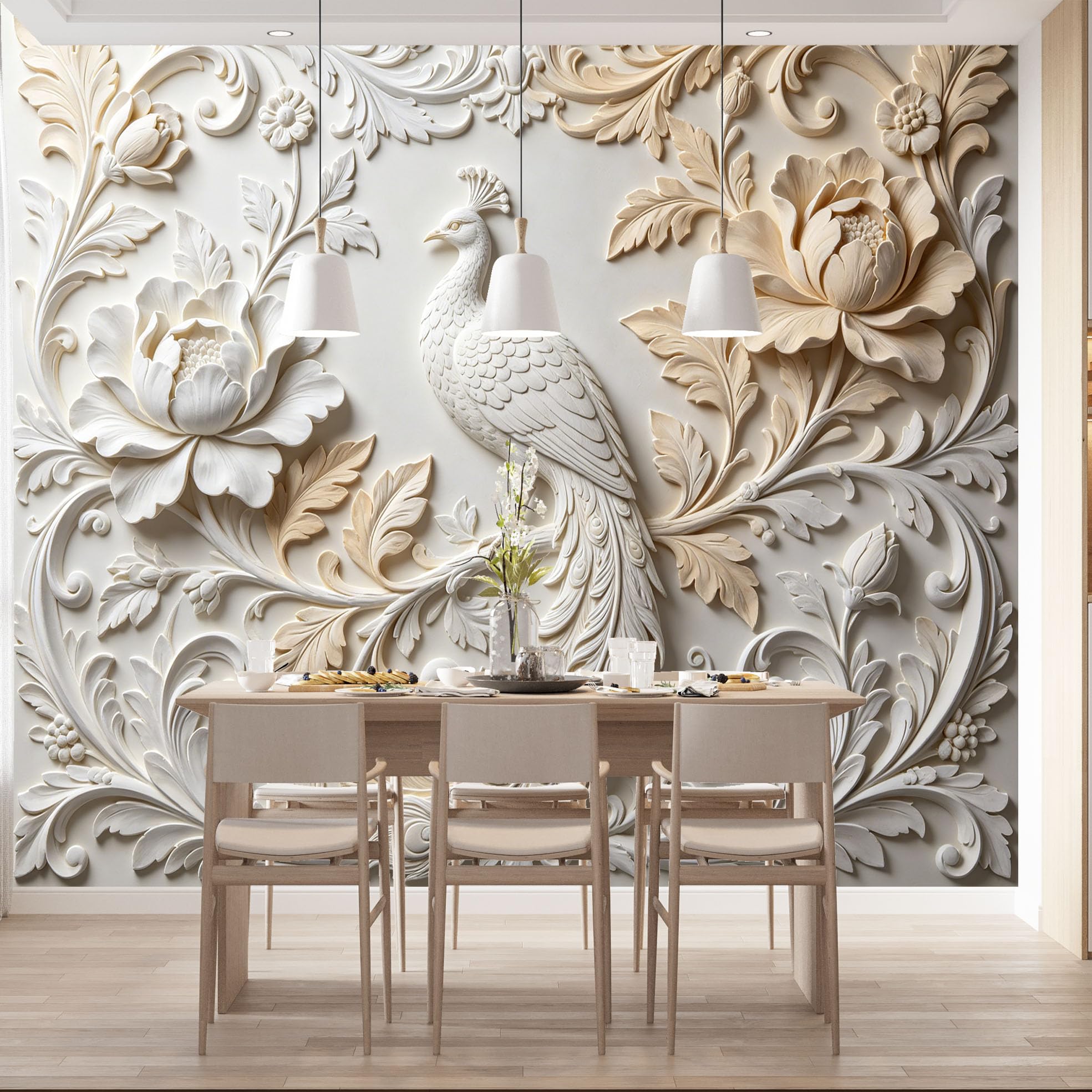 Papel Pintado Fotográfico De Lujo Oriental Elegante con Diseño De Pavo Real Blanco 320 × 230 cm (Ancho X Alto) Mural No Tejido para Revestimiento De Paredes De Sala De Estar Dormitorio Cocina Y F