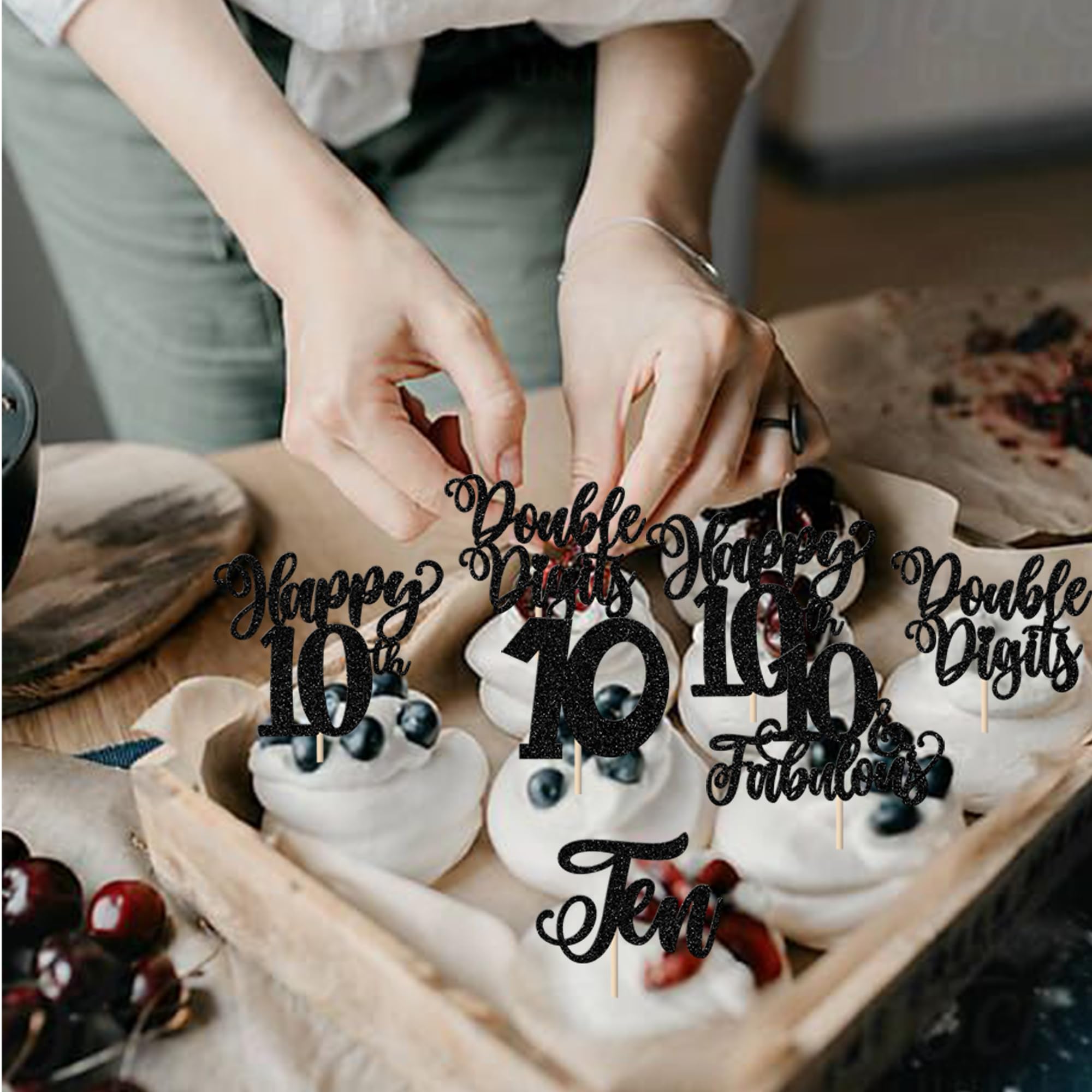 SYKYCTCY 30 Pack Happy 10th Birthday Cupcake Toppers Ten Double Dights Cupcake Picks 10 Fabulous Cupcake Decorations for 10th Birthday Anniversary Party Supplies Black - Image 4