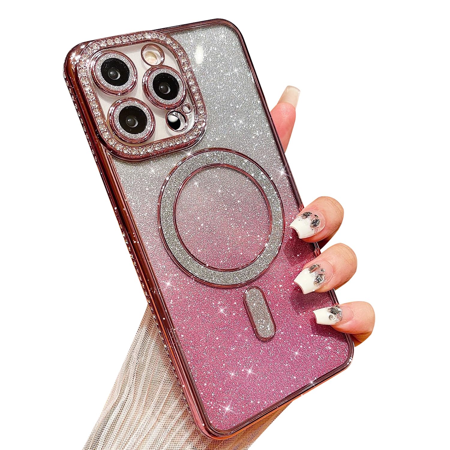 MINSCOSE for iPhone 16 Pro Case [Compatible with MagSafe] Clear Magnetic Glitter Sparkly Diamond Design with Bling Camera Protection,Shockproof Bumper
