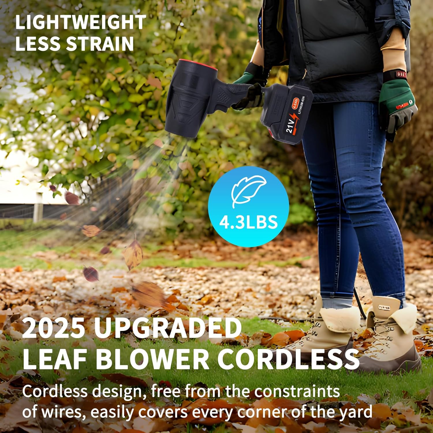 Leaf Blower Cordless, Powerful Handheld Electric Blower with 2×21V Batteries, Lightweight Leaf Blower for Lawn Care, Patio, Leaves, Snow & Dust Removal (Leaf Blower Cordless) - Image 2