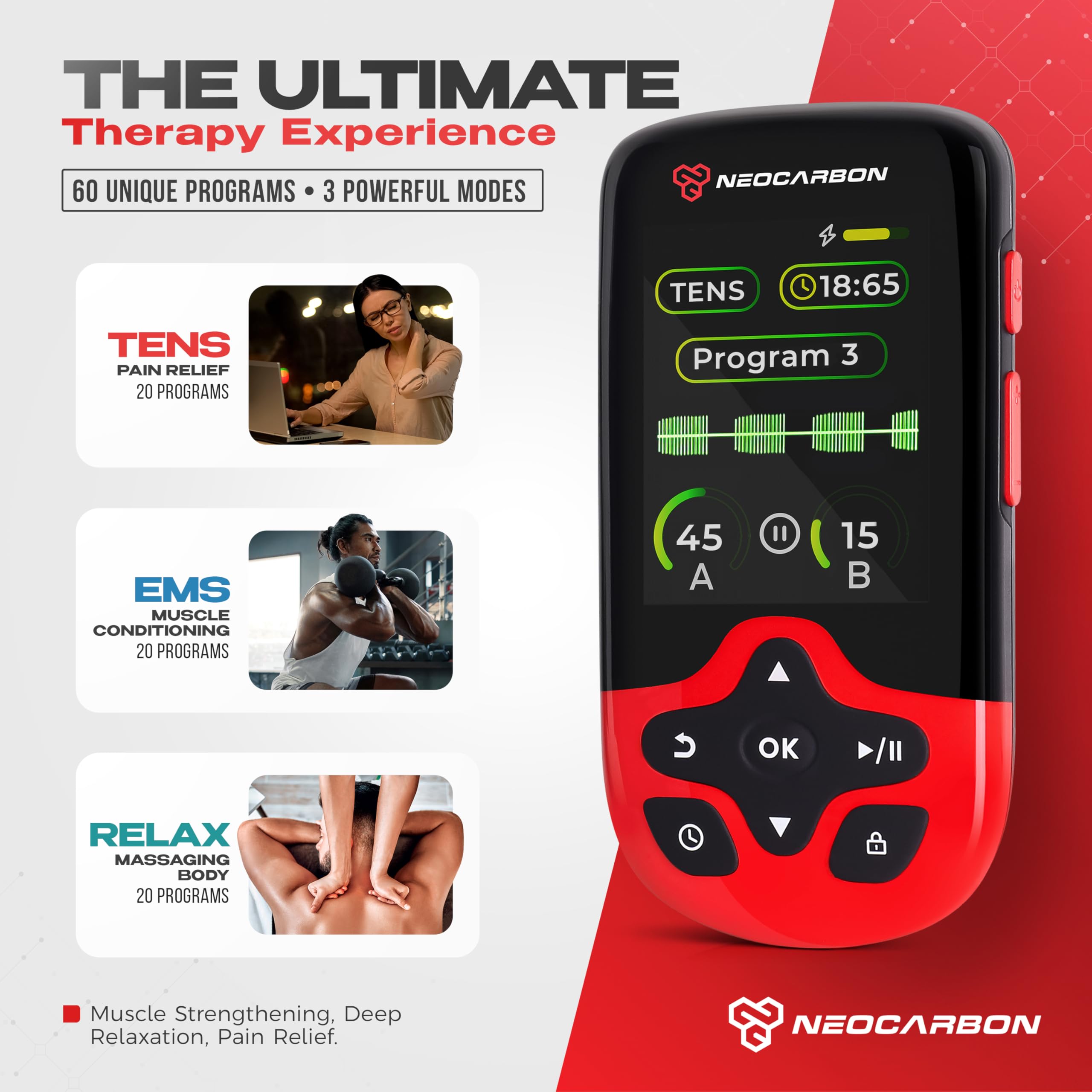 NEOCARBON TENS Unit Muscle Stimulator Ultra for Pain Relief, Red — Amazon image 3