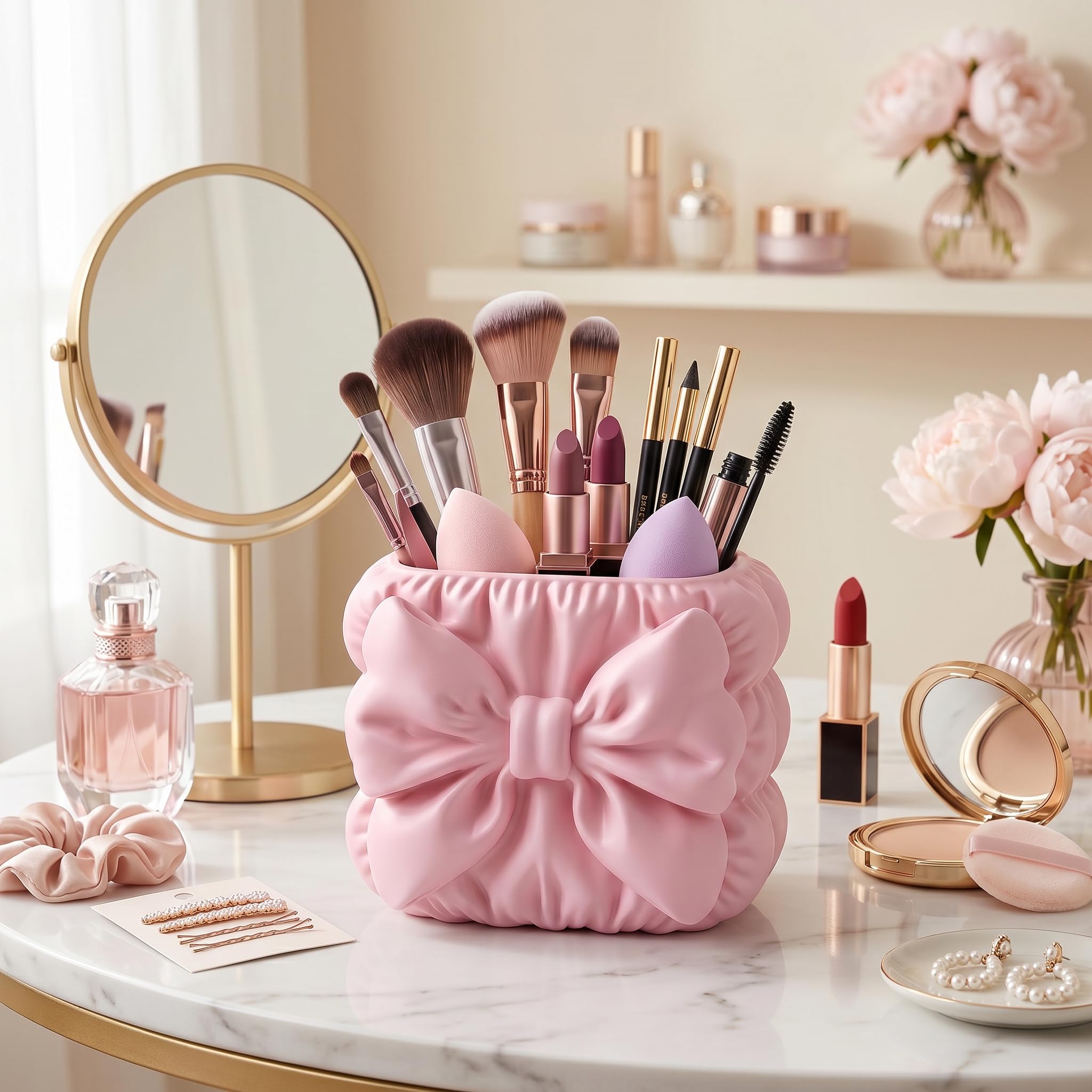 Light Pink Bow Makeup Brush Holder for Girls, Cute Makeup Organiser for Vanity Table, Cosmetic Brush Stand, Lipstick & Eyeliner Holder, Desk Organizer for Women, 4 Inch-image-30