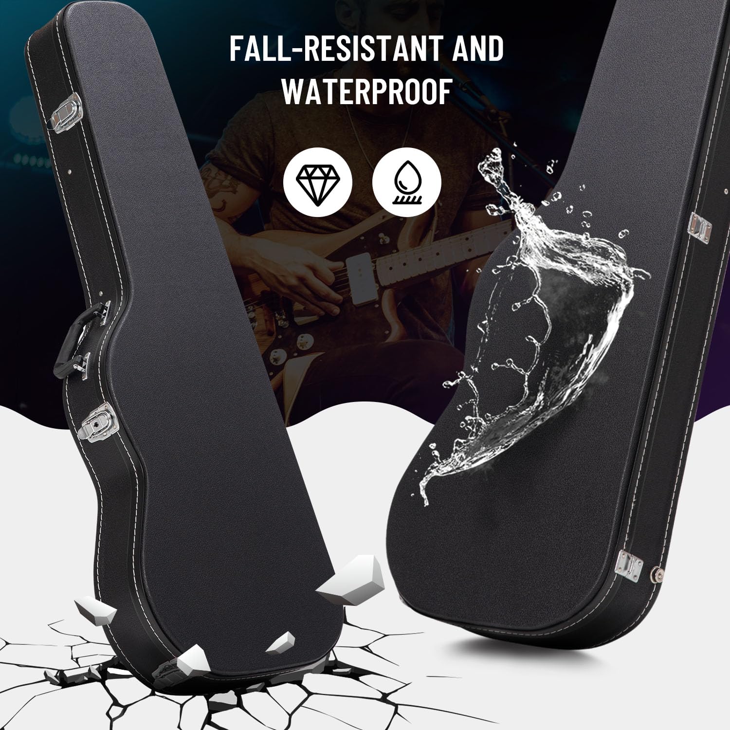 CAHAYA E-Gitarre Hartschalenkoffer Gefütterter Gitarrenkoffer Robuster PU E-Gitarren Koffer mit Sicherheitsverschluss für Standard E-Gitarre Schwarz