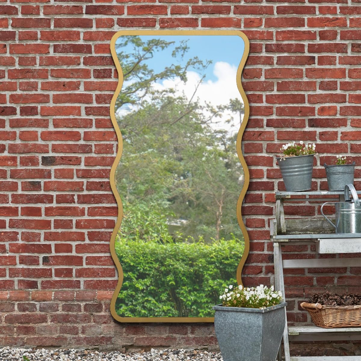 MirrorOutlet The Fluctus - Gold Metal Wavy Framed Rectangular Garden Wall Mirror 67" X 31" (170CM X 80CM) Silvered Mirror Glass. Extra Large. Landscape or Portrait