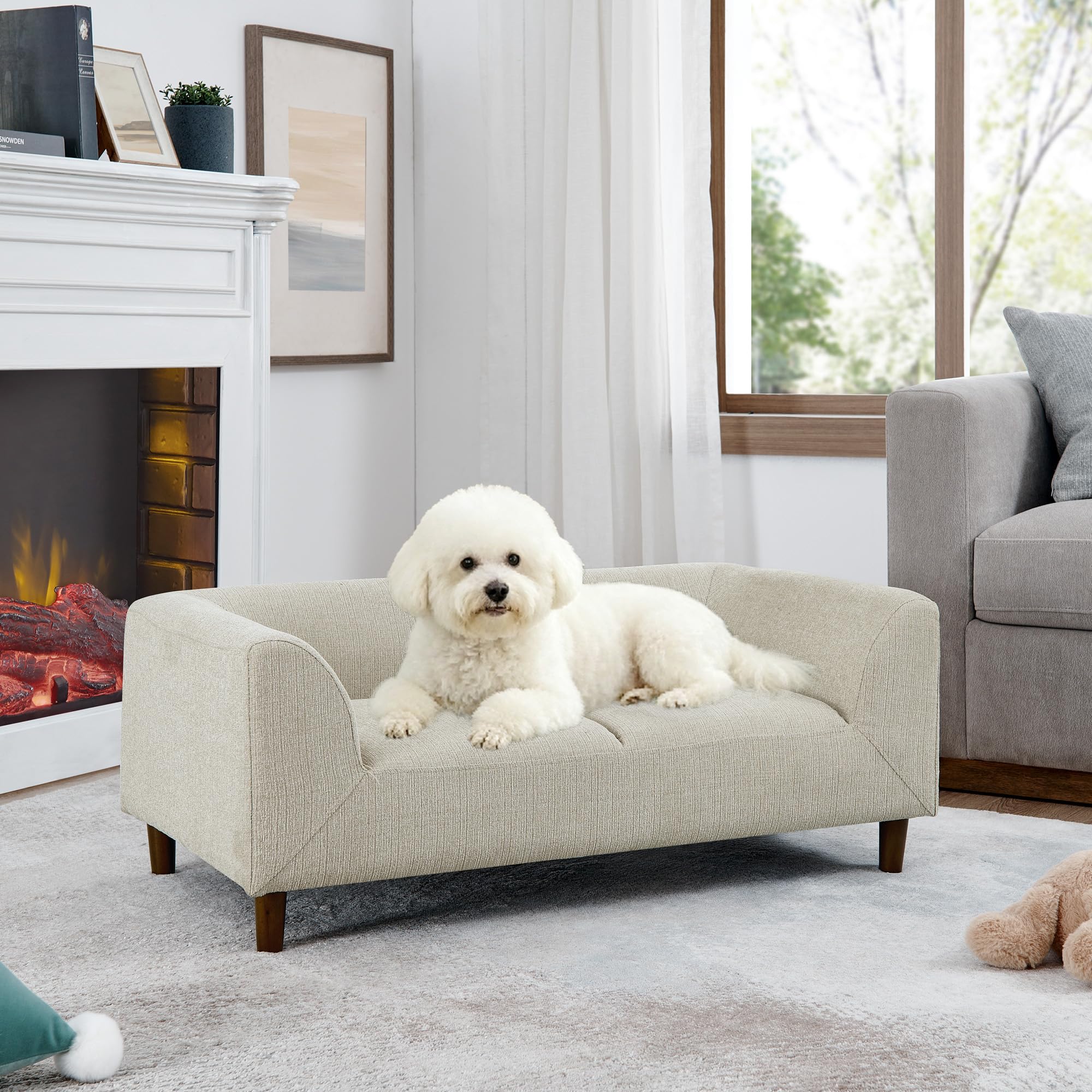 Dog Sofa Couch for Medium Dogs, Memory Foam Dog Sofa Bed, Modern Elevated Pet Couch Bed with Wooden Legs for Medium Dogs, Dark Beige