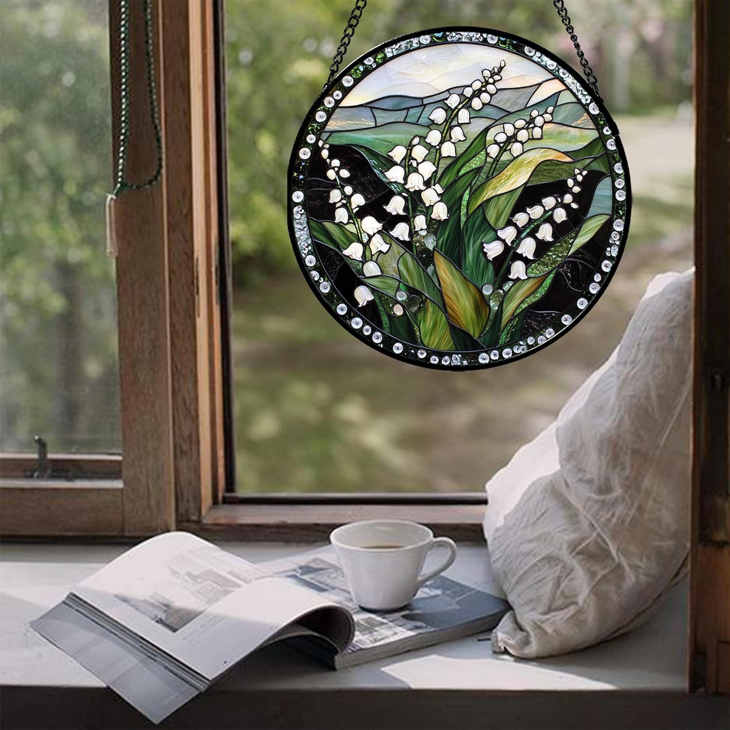 Stained Glass Window Hanging - Elegant White Lily of The Valley Flowers Suncatcher for Doors Garden Terrace Green Sun Catchers Decor Mother's Day Birthday Gifts for Women Men Mom 9.8 in