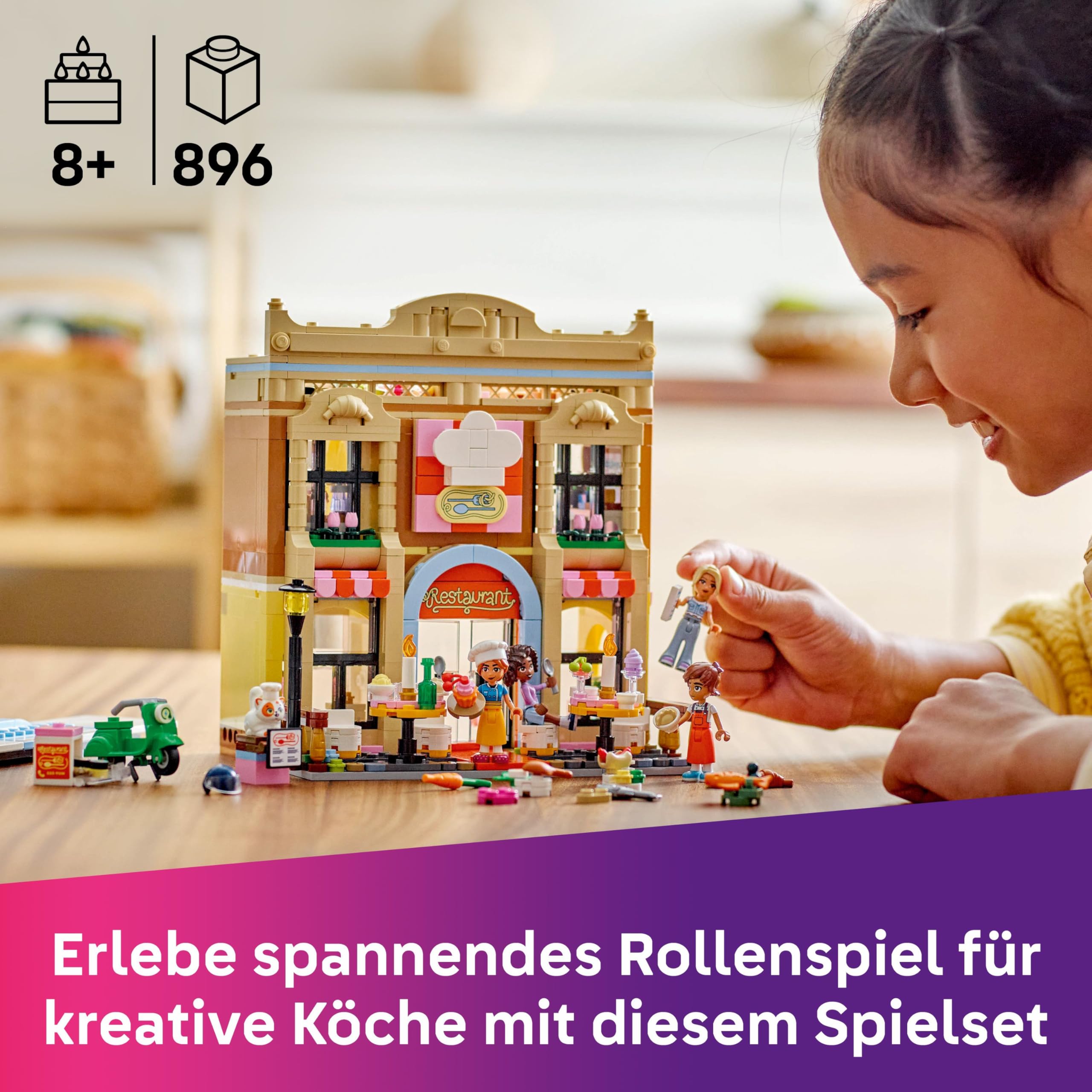 LEGO Friends Restaurant und Kochschule, Spielset für Rollenspiele, Lernspielzeug für Kinder ab 8 Jahren, fördert soziale Entwicklung, Geschenk zum Geburtstag oder zu Weihnachten für Mädchen 42655