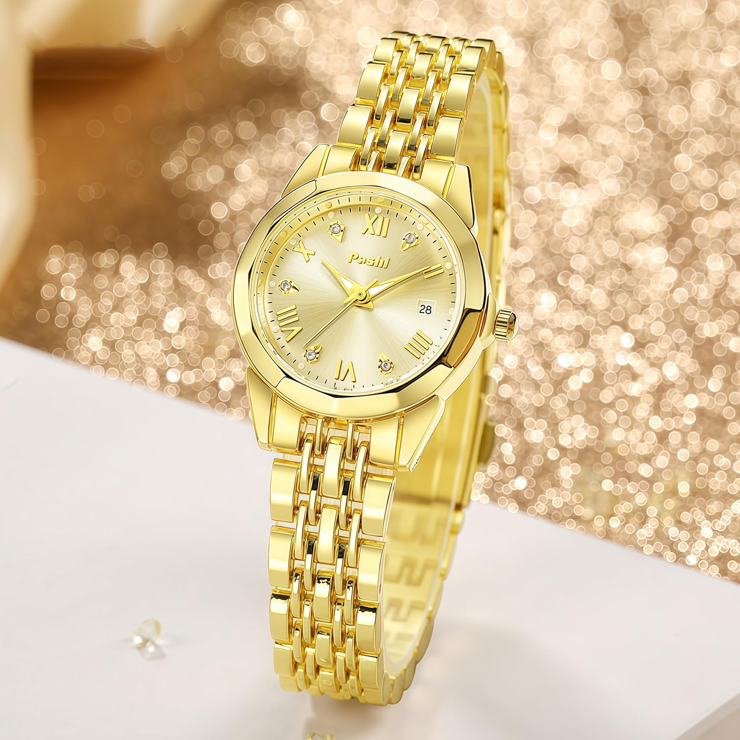 MASTOP Small Gold Watches for Women Easy Read Diamond Date Ladies Quartz Vintage Wrist Watches Luxury Gift for Wife Mother Stainless Steel Exquisite Bracelet Band Tools Included - Image 3