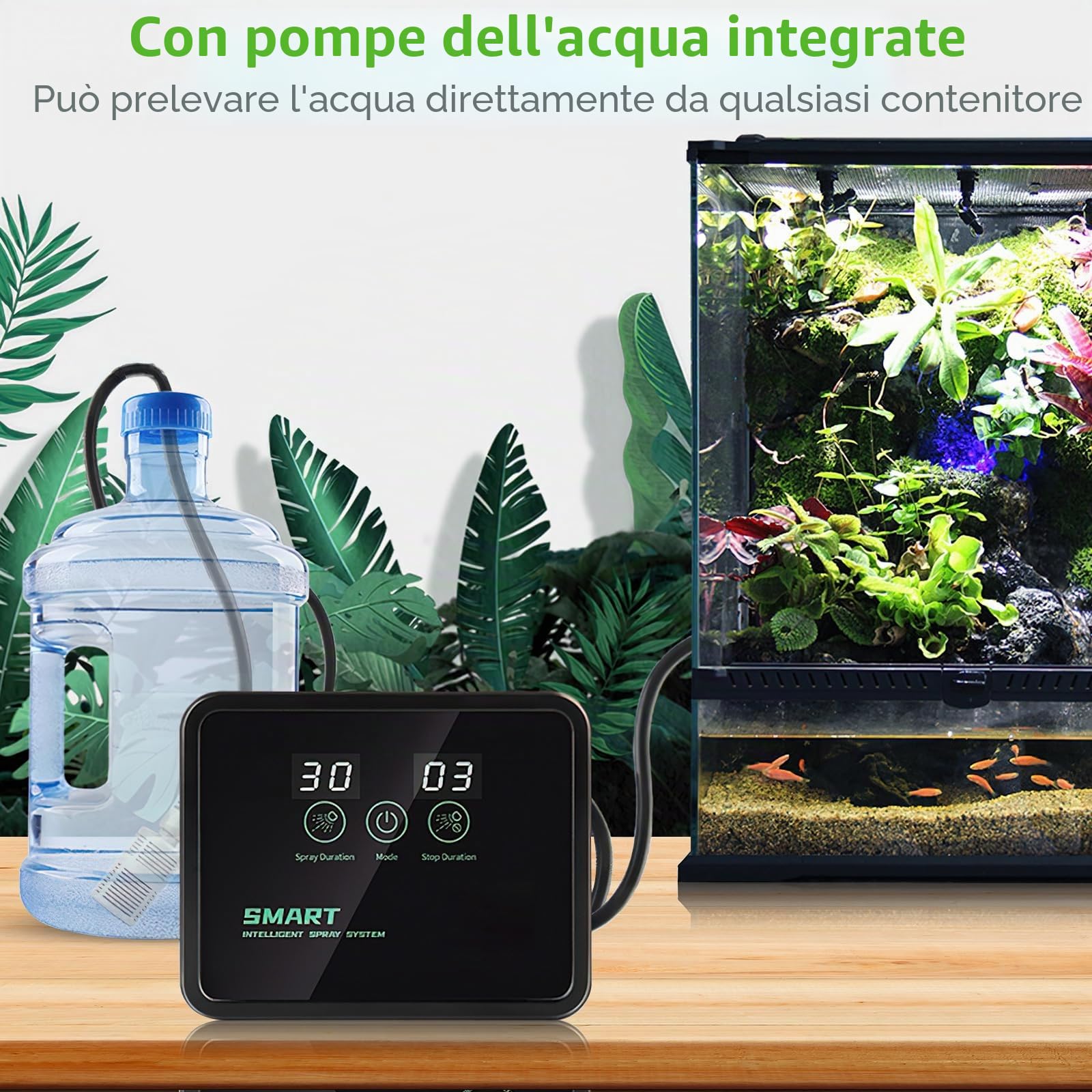 Nebulizzazione per Teca Rettili, Glovios Umidificatore per Rettili con Timer e Ugelli a 360°, Umidificatore Rotante per Anfibi Rettili Piante Fiori
