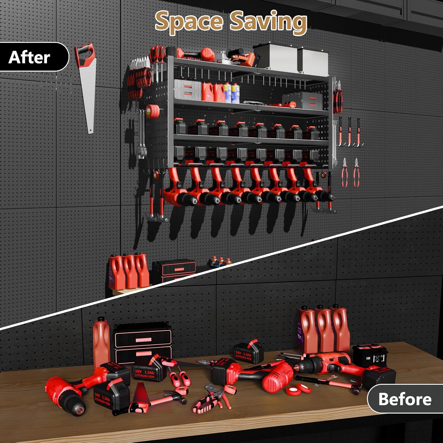 Power Tool Organizer Wall Mount, 4 Layer Heavy Duty Garage organizer Loads 280lbs, Tool Organizers with 8 Drill Hanger, Battery Tools Holder Garage Storage Organization for Workbench, Pegboard, Shed