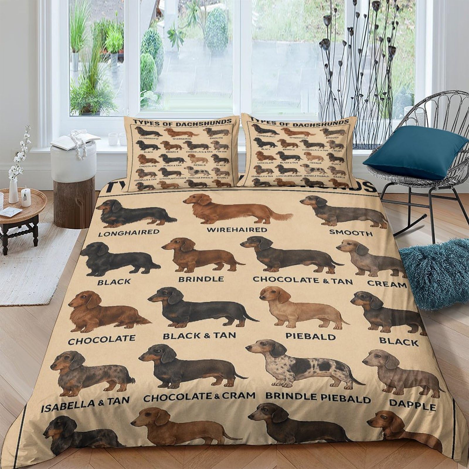 GPLZQXKJNH 3D Printed Dachshund Dog Duvet Cover Set Microfiber Soft Breathable Sausage Dog Bedding with 2 Pillowcases for Bedroom Decor Single（135x200cm）