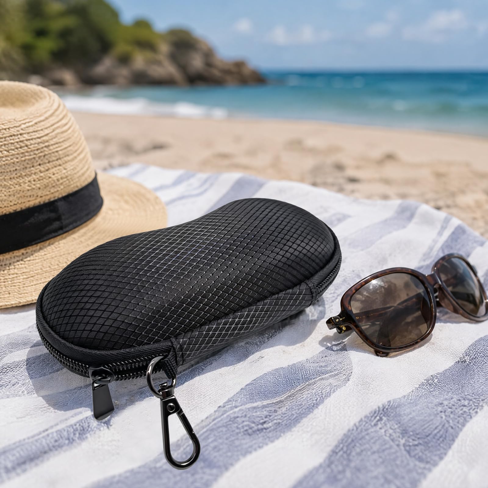 Étui à lunettes rigide portable avec mousqueton