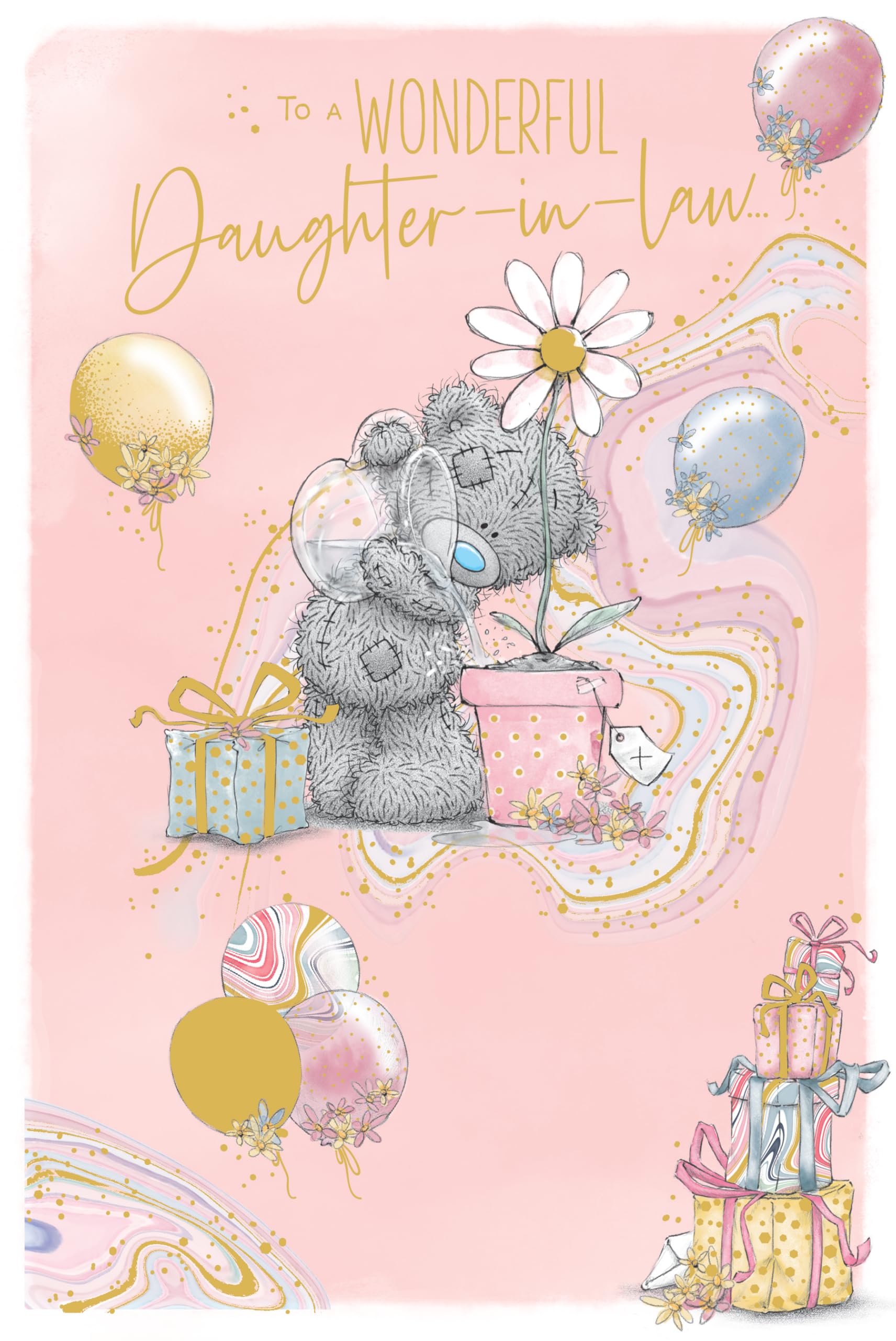 Me To You Tatty Teddy Luxury Gold Foil 'To A Wonderful Daughter-In-Law' Birthday Card, Bear Watering Flower Pot With Gift Boxes And Balloons, 6 X 9 Inches - Official Collection
