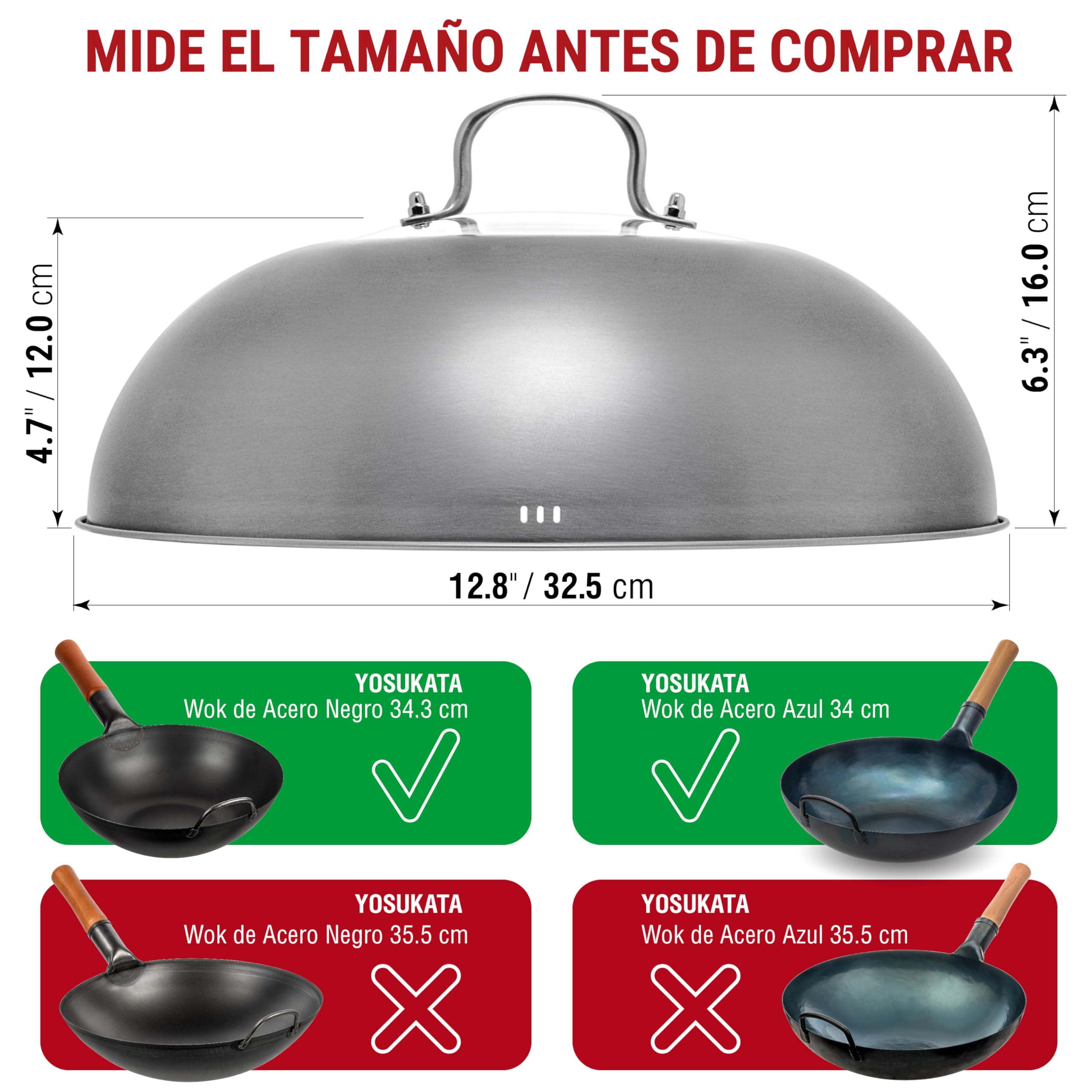 Tapa para Wok de Acero Inoxidable de 32,5 cm para wok 34 cm - Cúpula de Fusión y Tapa para Hamburguesa con queso con inserto de vidrio y rejillas de ventilación para vapor - Vaporera para Hamburguesa
