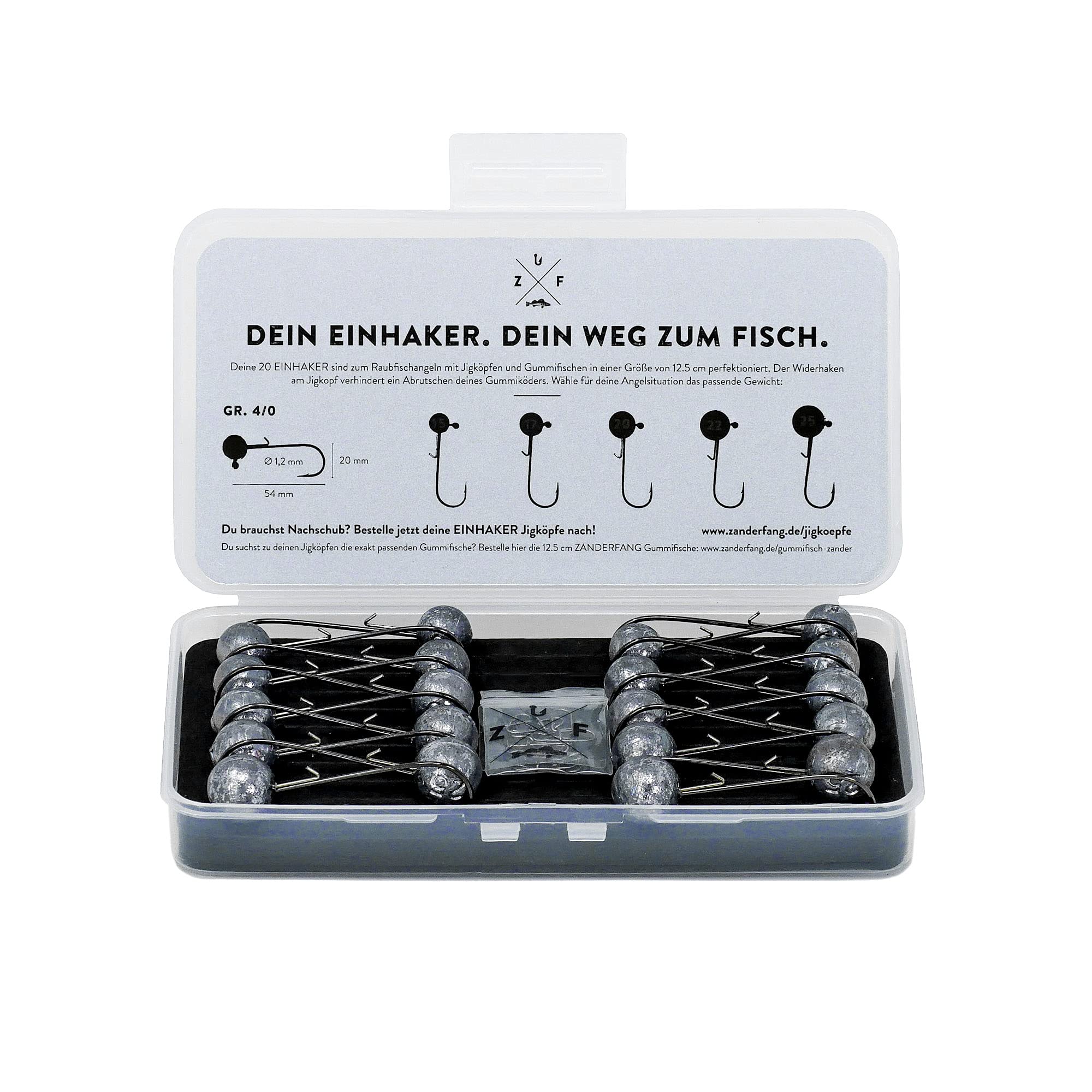 Zanderfang – Jigköpfe Angelhaken-Set Jighaken – Jigkopf Größe 2/0 und 4/0 für Gummiköder von 8cm bis 13cm – 20 Jigköpfe Set – 10 Snaps zum Angeln