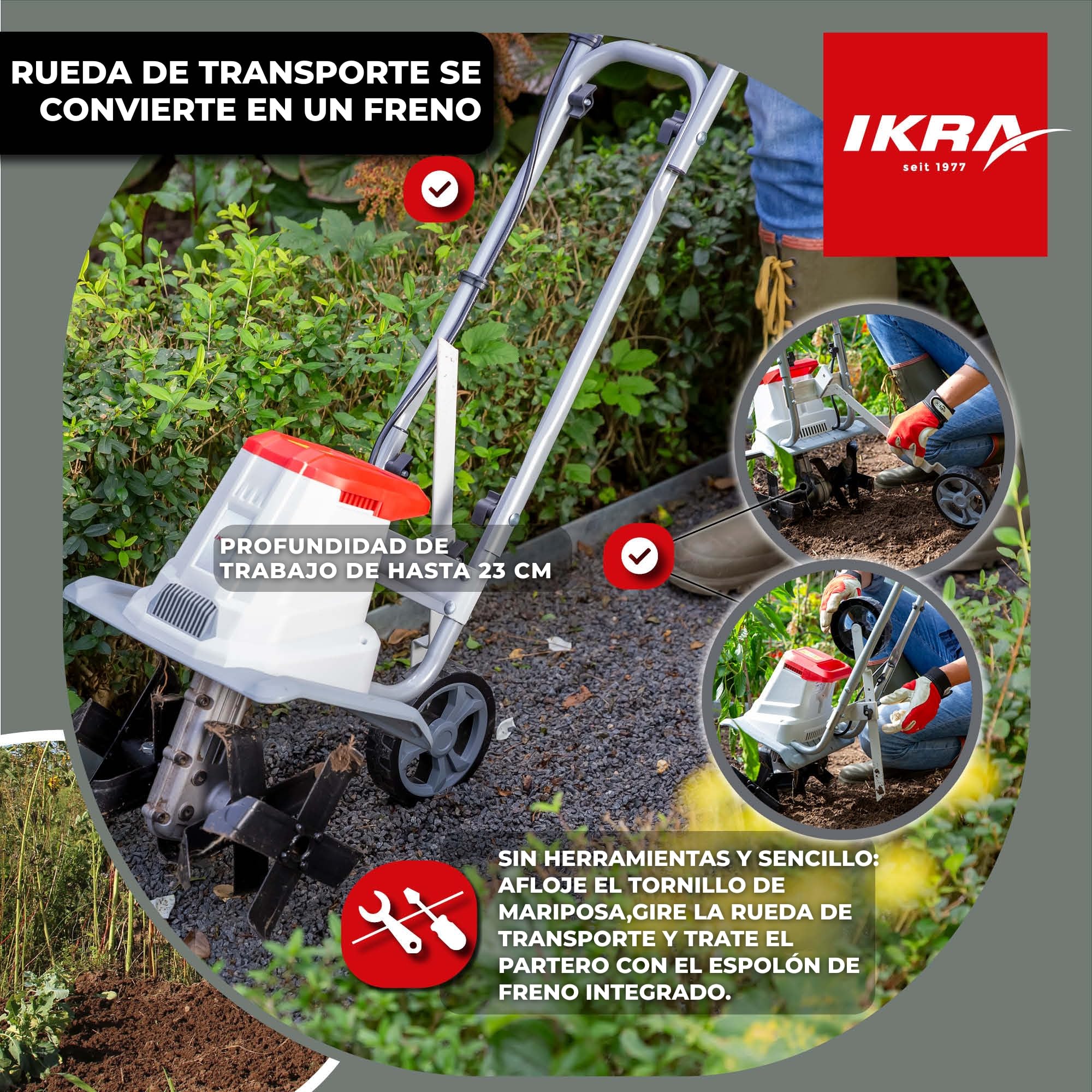 IKRA motozada eléctrica IET 1030, Ancho 30 cm, Profundidad 20 cm | 1080 W, espolón de freno, rueda de transporte, plegable ahorra-espacio, protección contra sobrecargas