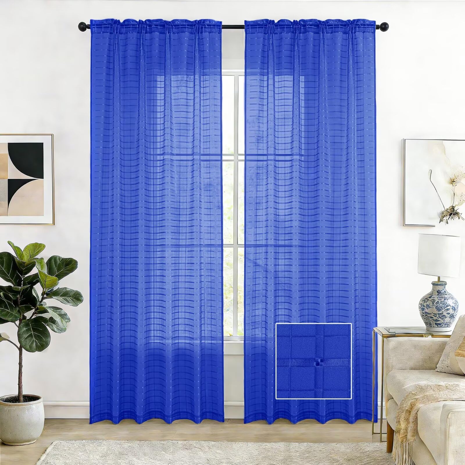 SpaceDresser Check Sheer Curtains 96 Inches Long for Living Room, Rod Pocket Plaid Semi Sheer Drapes for Kitchen Bedroom(Sapphire, 52W x 96L) — image 1