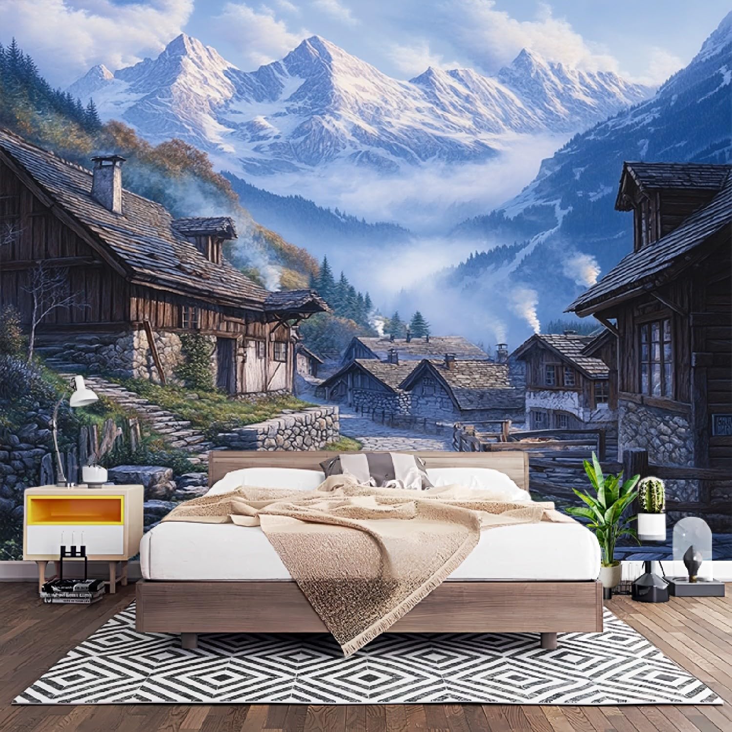 Tapeta ścienna 400 x 280 cm, poranna mgła, śnieg, góra, miasto, tapeta z włókniny, niebieska, pyłoszczelna, panoramiczny, plakat do pokoju dziecięcego, sypialni, salonu, plakat ścienny