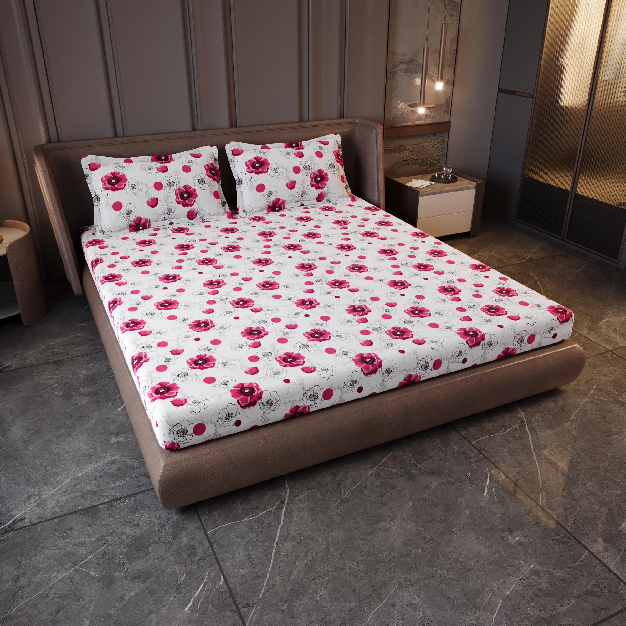 Divine Casa 100% Cotton Bedsheet for King Size Bed with 2 Pillow Covers | Soft Comfortable Breathable Bedding Set | Wrinkle Free 144 TC Cotton Fabric | 270 x 270 cm (Pink Blossom, Floral)