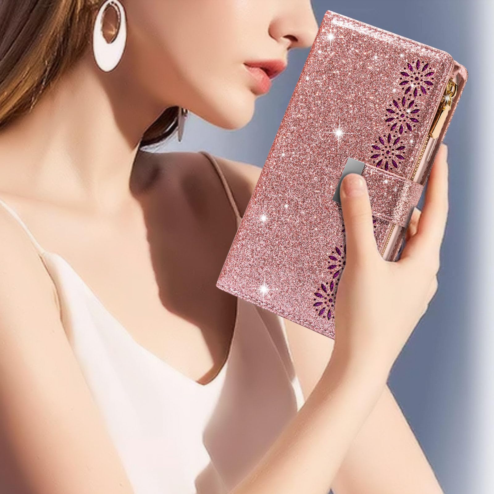 Etui do Samsung Galaxy S24 S24 Plus S24 Ultra Kobiety Brokat Bling PU Skórzane etui z klapką z 9 miejscami na karty Opaska na nadgarstek Podpórka Etui magnetyczne, do S24 Ultra, fioletowe
