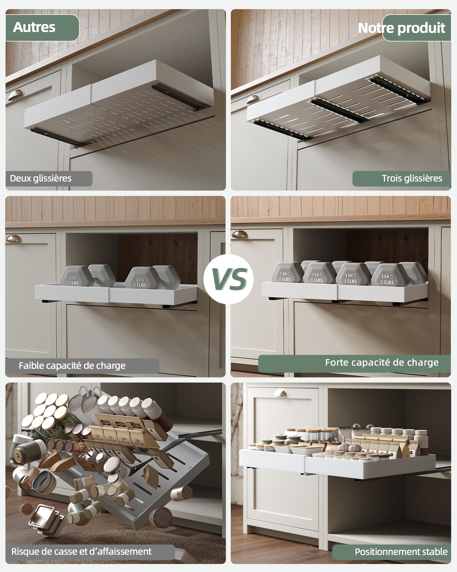 NETEL Lot de 2 tiroir coulissant cuisine,extensible sur 4 côtés，plateau coulissant placard，tiroirs télescopiques，30-49.5cm Largeur, 41.5-55cm Profondeur,Fixation Autocollante ou par Vis,Blanc
