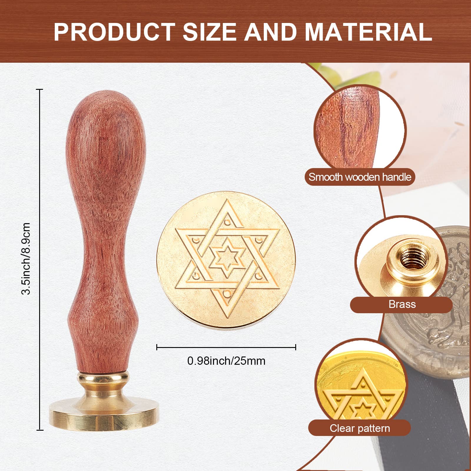 MAYJOYDIY Star of David Wax Seal Stamp Moon Star Hexagonal Sealing Wax Stamps 6 Pointed Star 25mm Stamps Copper Seals Durable Removable for Envelopes Invitations Card Gift Wrapping
