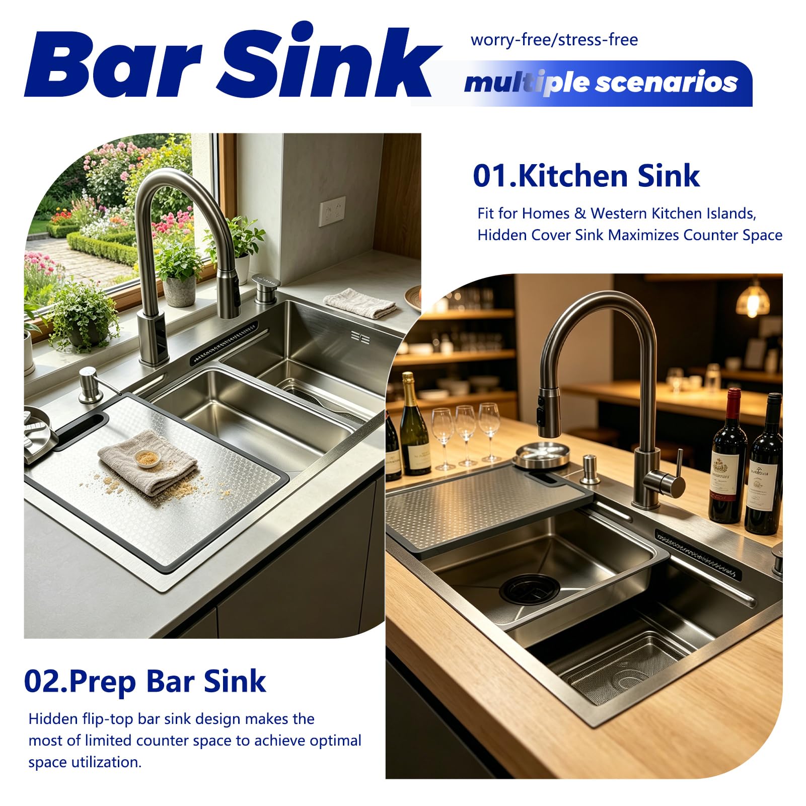 Lavello da cucina a cascata, 90 x 50 cm, con indicatore della temperatura, in acciaio inox 304 spazzolato, lavello multifunzione con manopola, dispenser di sapone, lavello per bicchieri, tagliere e