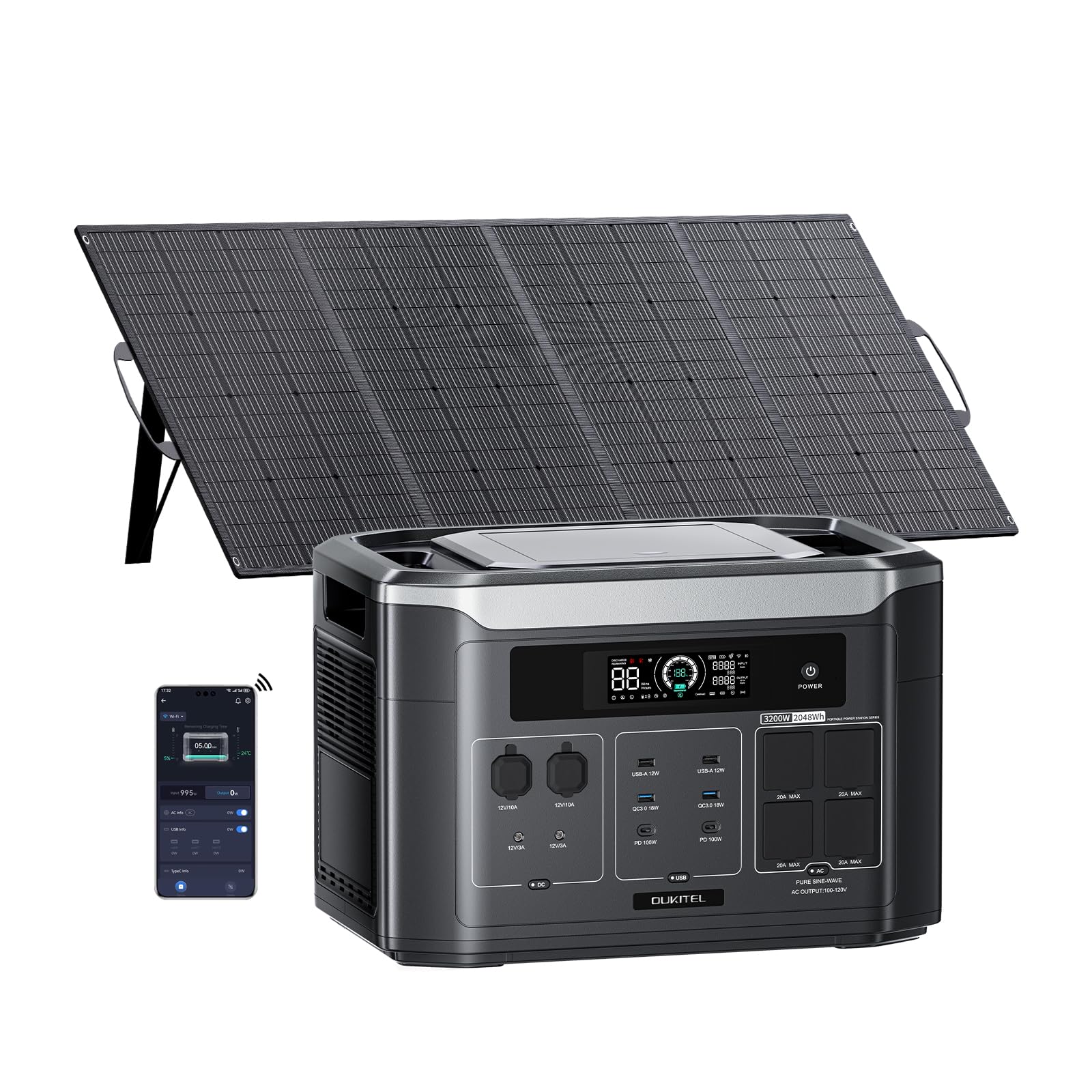 OUKITEL BP3000E Power Station Portatile 3200W, Batteria LiFePO4 da 2048Wh (Espandibile a 16384Wh), Generatore di Corrente con Pannello Solare, Alimentatore di Emergenza per Casa, Camper e Off-Grid