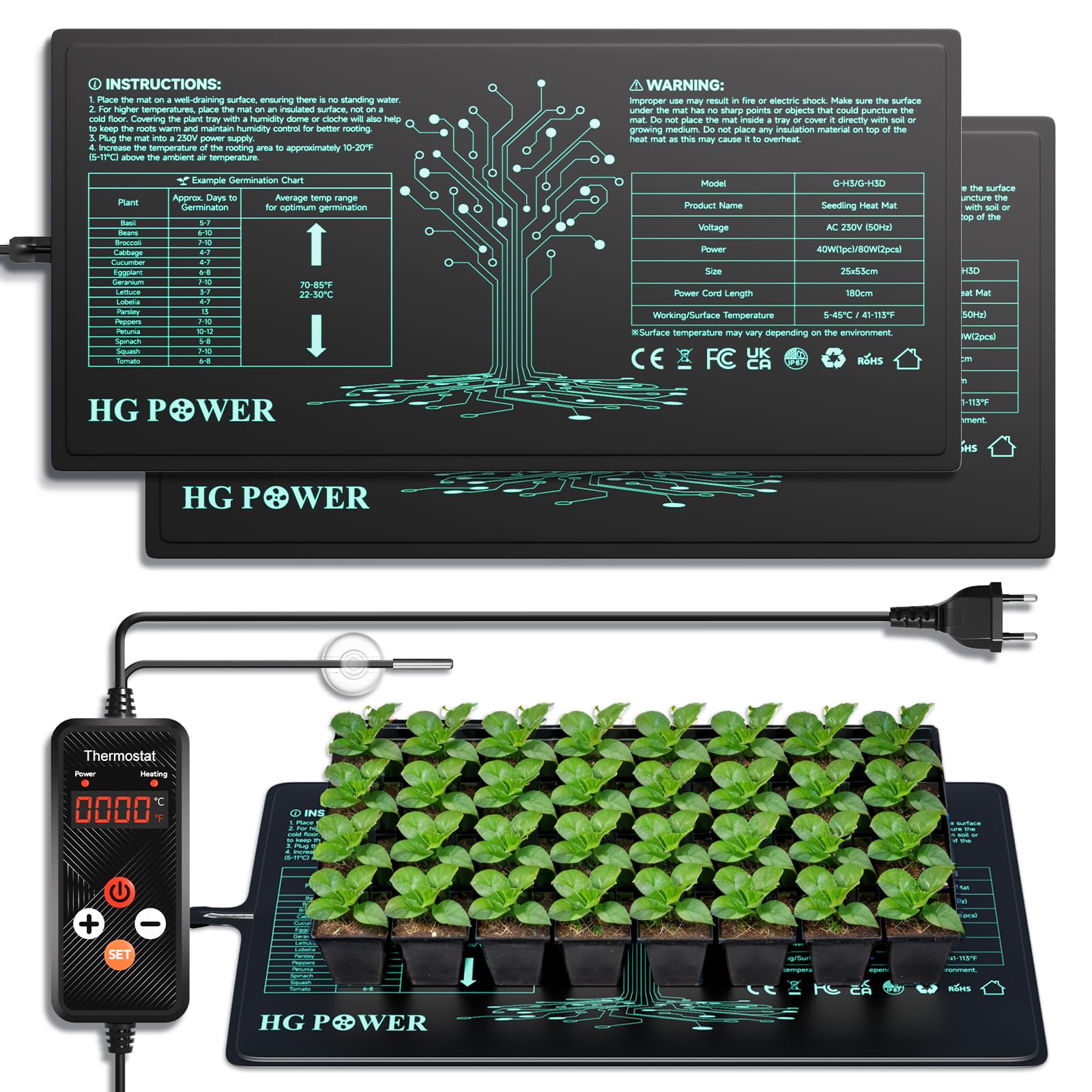 HG Power Heizmatte Pflanzen, 55w Wärmematte für Zimmergewächshaus, Growzelt, Terrarium, mit Überhitzungsschutz, Anzuchtkasten, Heizmatte mit Thermostat – Opt. F 2 Mat 1 Controller