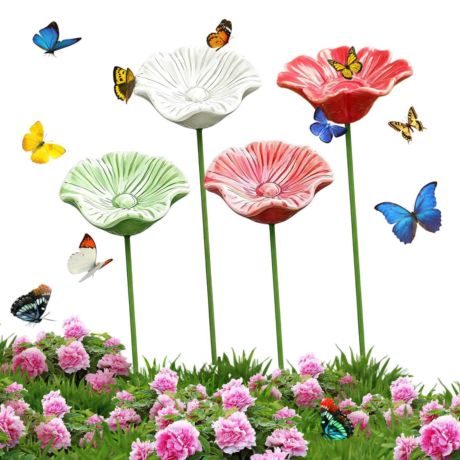 Bee Watering Station for Garden, 4PCS Ceramic Cups for Bees, 13 Inch Handmade Flowers Bee Bath Cups for Garden Stake, 2026 New Bird Water Baths for Gardens, Yard, Lawn, Patio Decor