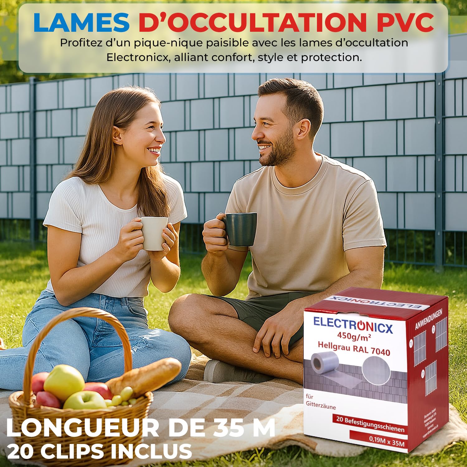 Electronicx Bandes brise-vue en PVC pour clôture de jardin - Gris clair (RAL 7040) - 35 m x 19 cm - Qualité supérieure - 450 g/m² - Brise-vue résistant aux UV - Avec 20 clips