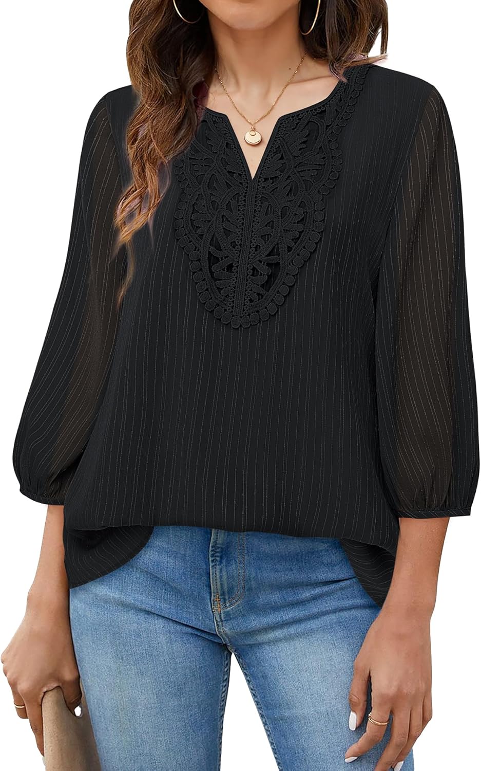 VALOLIA Women's Casual 3/4 Sleeve Chiffon Blouses V Neck Layered Embroidery Tunic Shirts - Image 3