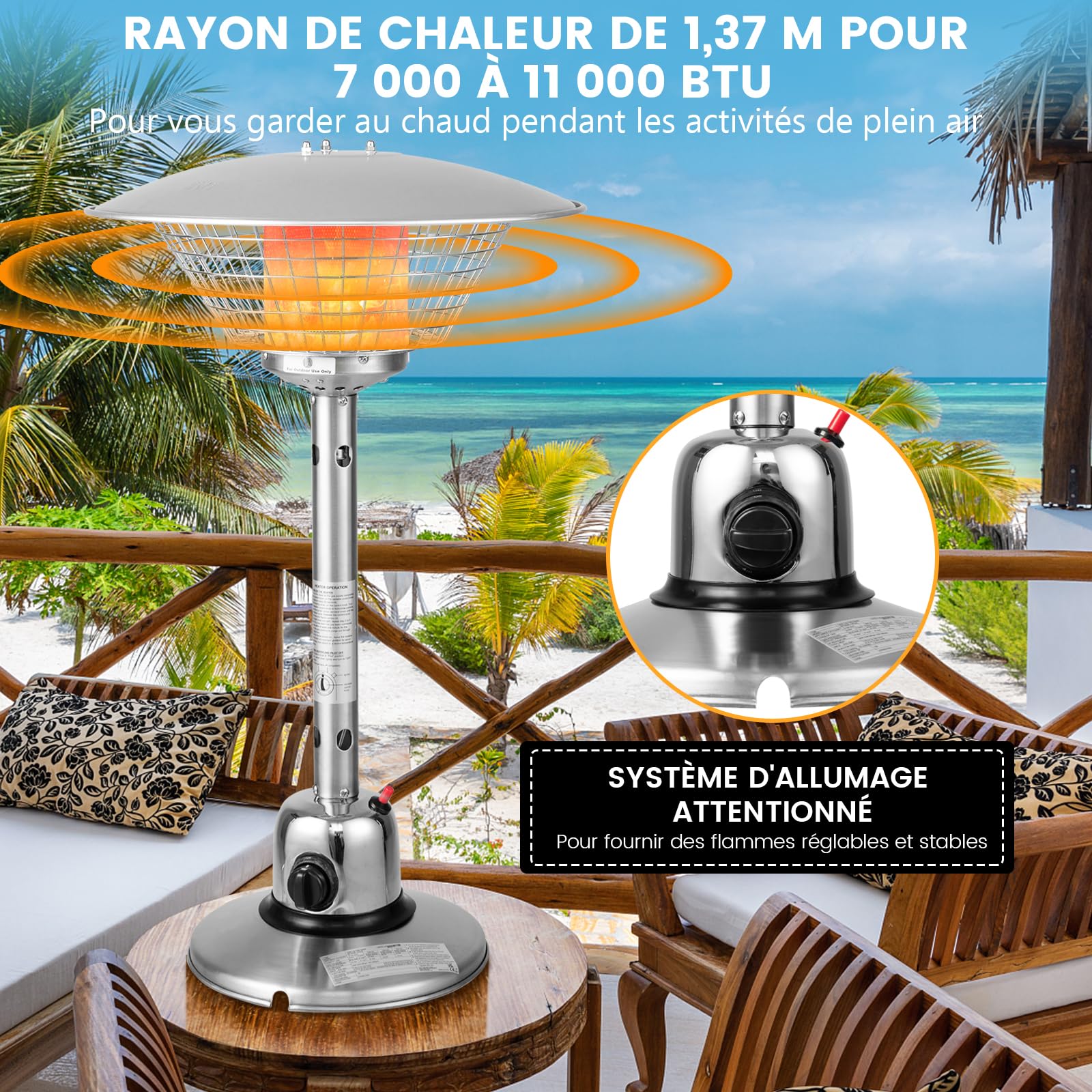 COSTWAY Cheminée de Table au Gaz Propane de 4 KW, Chauffage Extérieur avec Régulateurs de Pression/Conduites de Gaz Protection Contre Basculement et Surchauffe avec 2 Réglages de Chaleur (Argent)