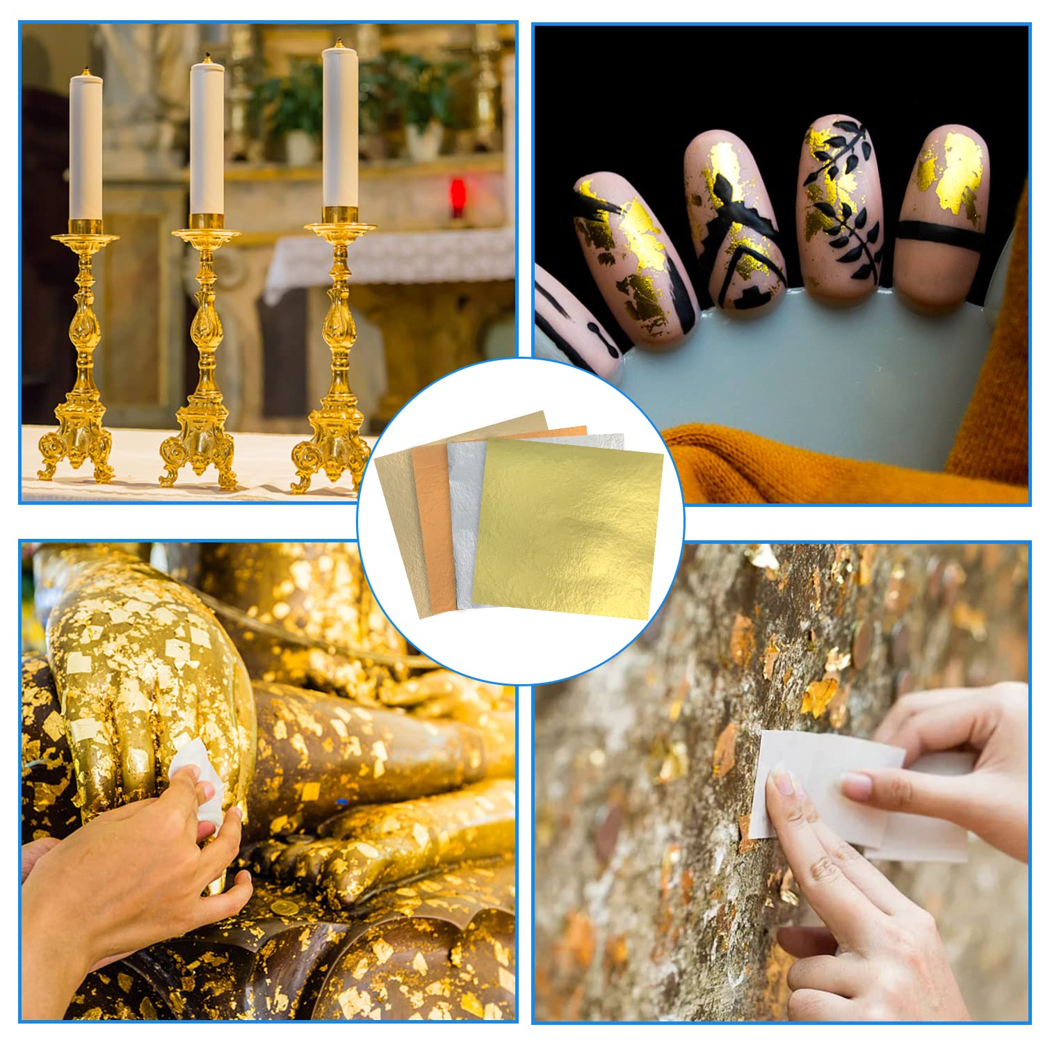 Juego de 200 hojas de hojas doradas de imitación multiusos, con 2 bolígrafos de lana y 2 pinzas de plástico para arte, manualidades, mejoras del hogar, arte de uñas (oro K, oro rosa, oro champán,