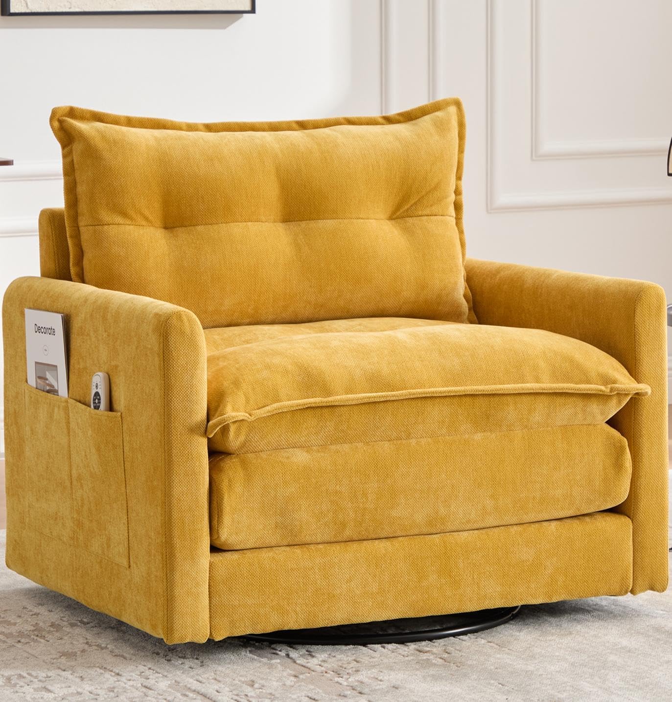Oversized Swivel Chair, 36" Chenille Swivel Armchair Accent Chair for Living Room, Mid Century Modern Comfy Thick Padded Arm Chairs, Mustard Yellow