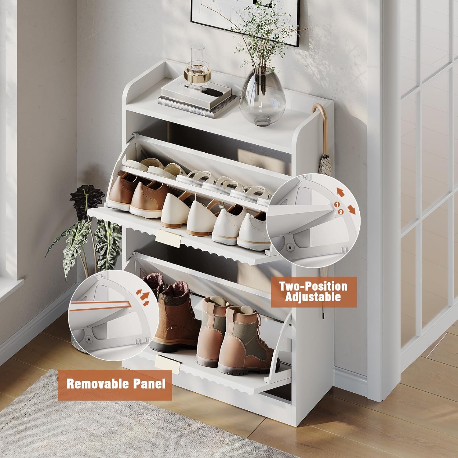 White Fluted Shoe Cabinet with 2 Flip Drawers, Narrow Shoe Storage Cabinet for Entryway, Freestanding Shoes Rack Organizer Cabinets with Adjustable Shelves for Entryway, Hallway