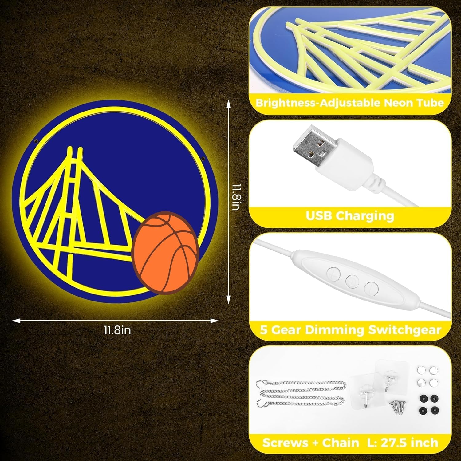Basketball Team Neon Sign, Sport Light Up Dimmable GSW Basketball Team Logo Hanging USB Powered Led Neon Sign for Wall Decor, Bedroom, Man Cave, Party, Birthday Party Christmas Merch Deco Gift for Boys Teens Fans (Warriors)