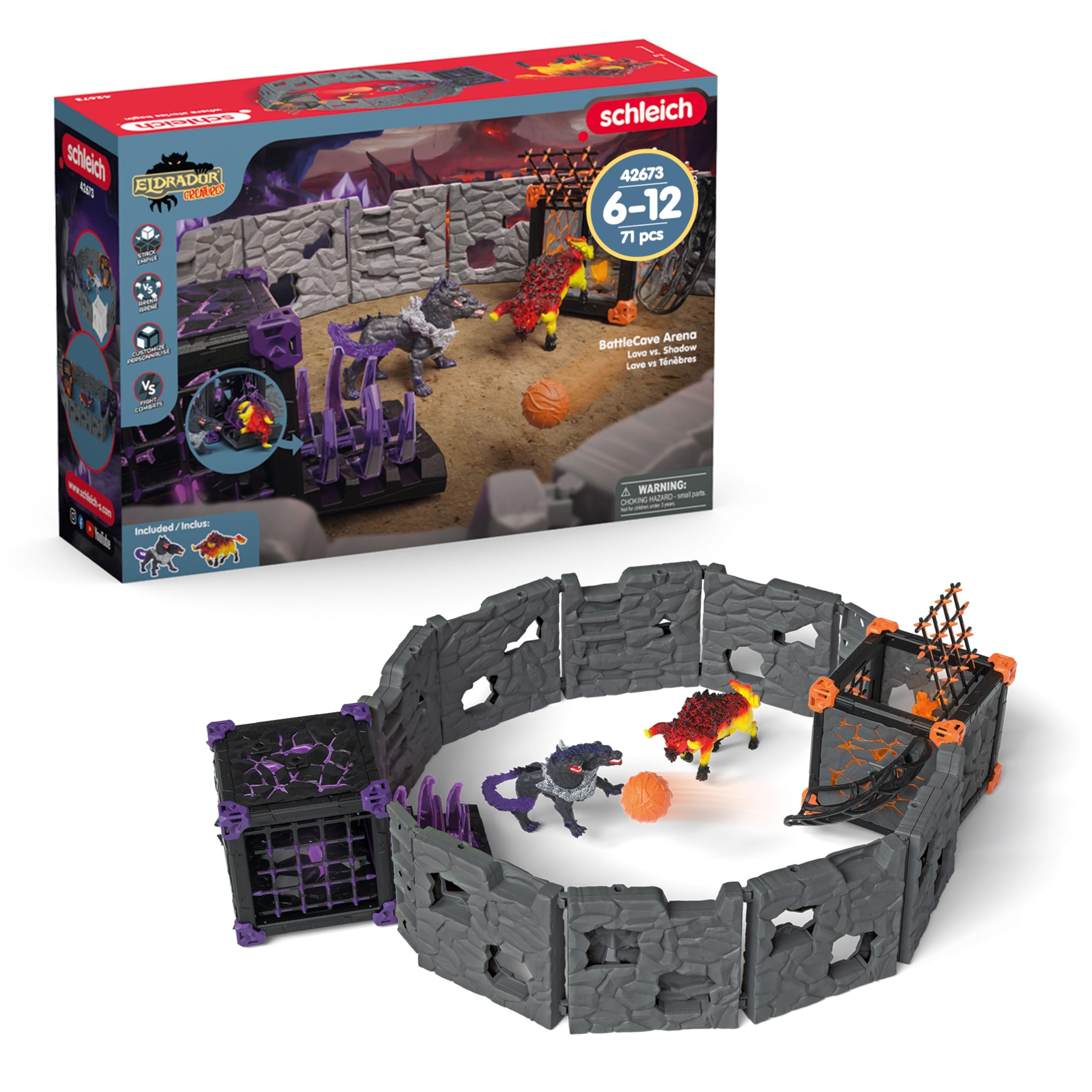 Schleich ELDRADOR Creatures | Battle Cave Arena: Lava vs. Sombra 42673 | Set con 2 Battle Caves, 2 Monstruos & 2 Cristales | Cuevas apilables en Arena | Juguete Desde 7 años | 71 Piezas