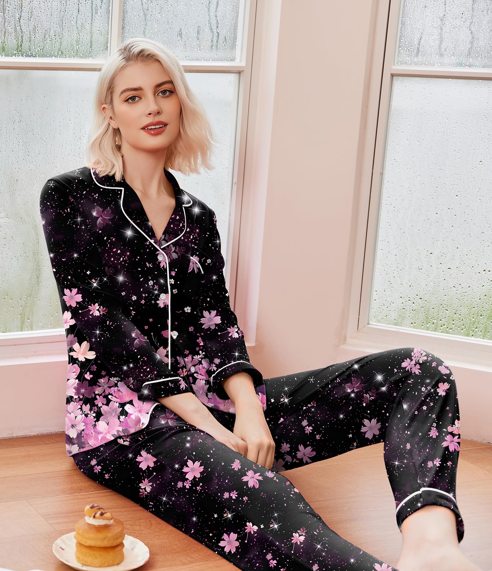 Ekouaer Pajamas Women's Long Sleeve Sleepwear Soft Button Down Loungewear Pjs Lounge Set Nightwear XS-XXL: XX-Large Floral Black Pink