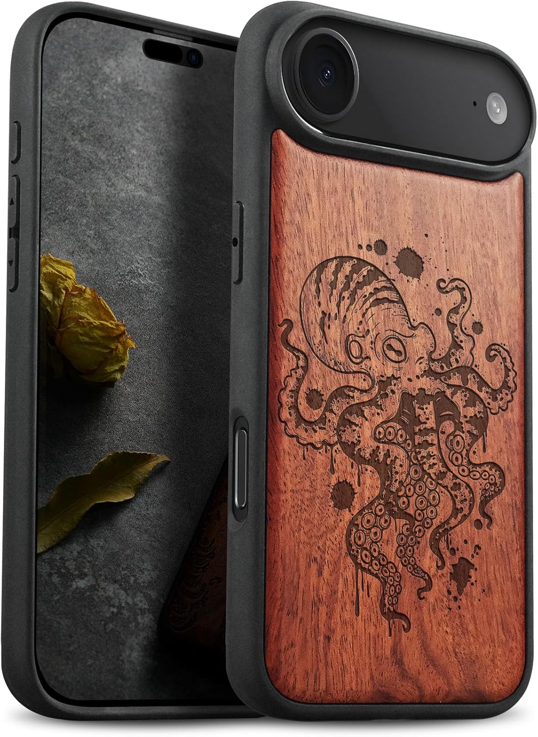 Carveit Magnetic Wooden Case for iPhone Air Case, Wood Artisan Engraved & Soft TPU Shockproof Cover, Compatible with MagSafe 17 Air Wireless Chargers (Inked Octopus Art) Rosy