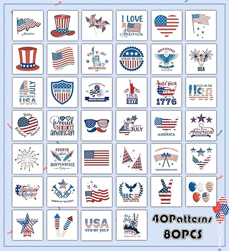 Miniatura 2 de Decoraciones del 4 de julio, tatuajes temporales, 80 piezas de suministros de fiesta de Estados Unidos, rojo, blanco y azul, 4 de julio, bandera de