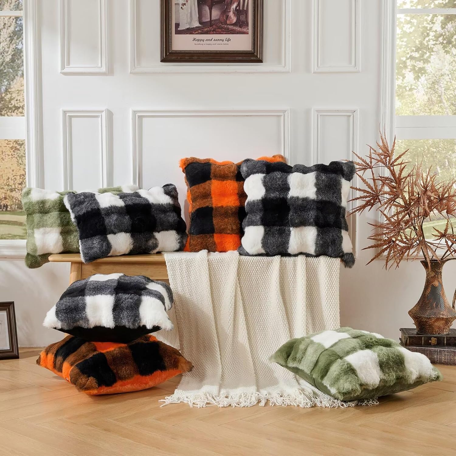 Pack of 2 Decorative Throw Pillow Covers Luxury Super Soft Faux Rabbit Fur Cozy Set Case Cushion for Couch Sofa Bedroom Checkerboard Print in Black/White Pillow Covers 24 * 24 inch