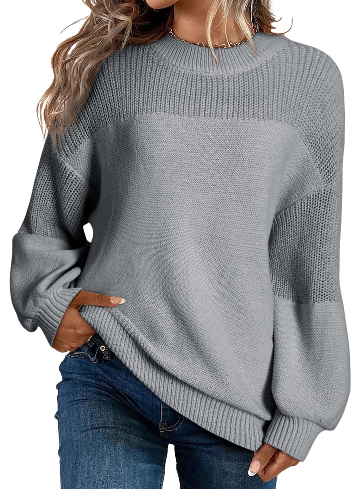 Dokotoo Damen Pullover Elegant Rundhals Puffärmel Strickpullover Einfarbig Lässig Lose Oberteile Herbst Winterpullover Pulli S-XXL