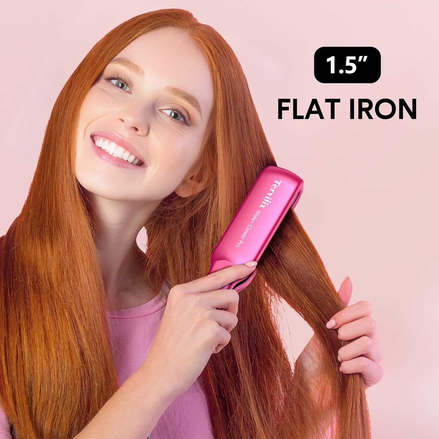 Terviiix Ceramic Hair Straightener, 1-1/2 Inch Wide Flat Iron for Hair, Professional Straightening Irons with Adjustable Temp, 30s Instant Heating, Get Silky Smooth Hair, Dual Voltage, Auto Off, Pink - Image 6