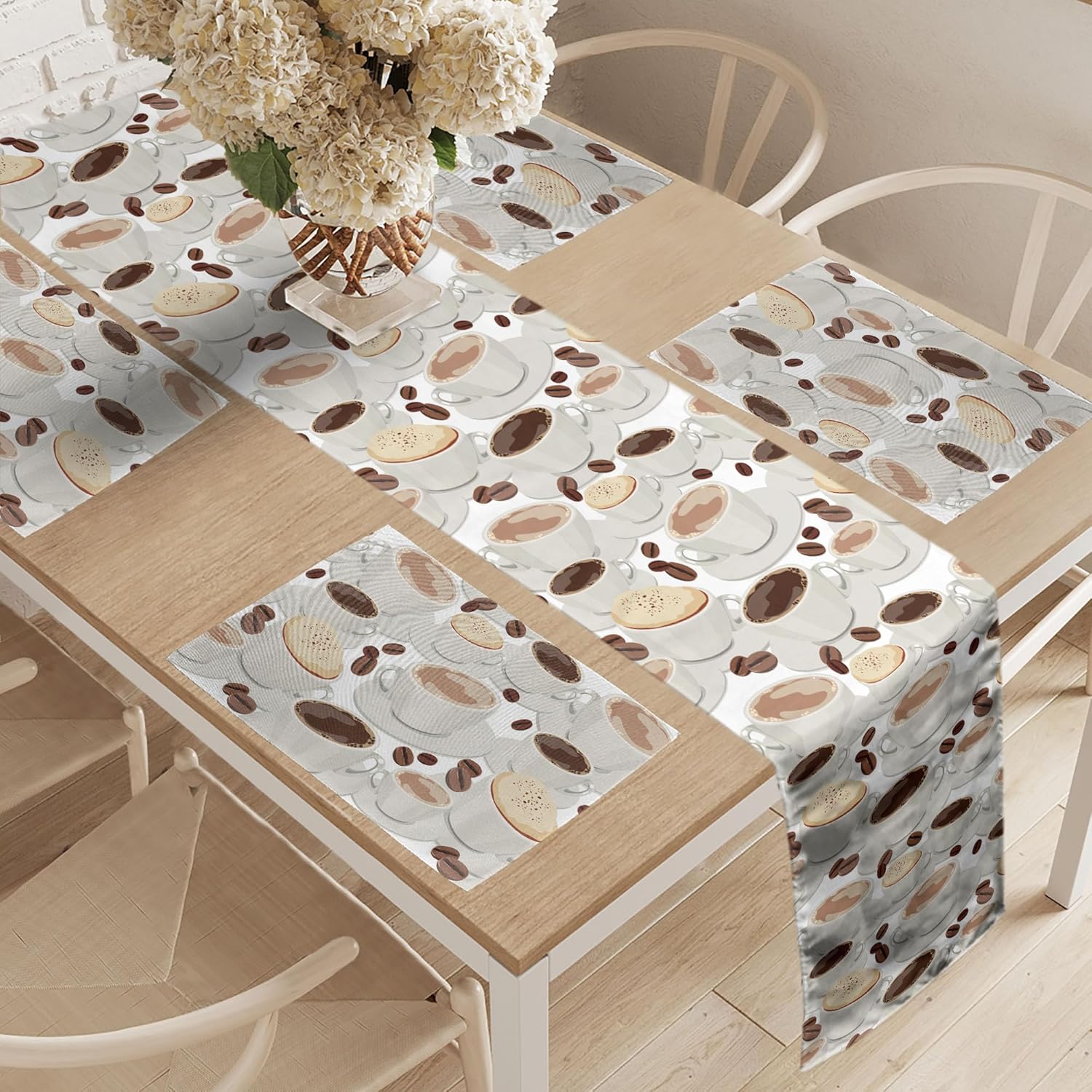 Lunarable Coffee Table Runner & Placemats, Cups of Coffee Pattern with Beans Espresso and Cappuccino Drinks Illustration, Set for Dining Table Decor, Placemat 4 pcs + Runner 16"x72", Brown Beige White