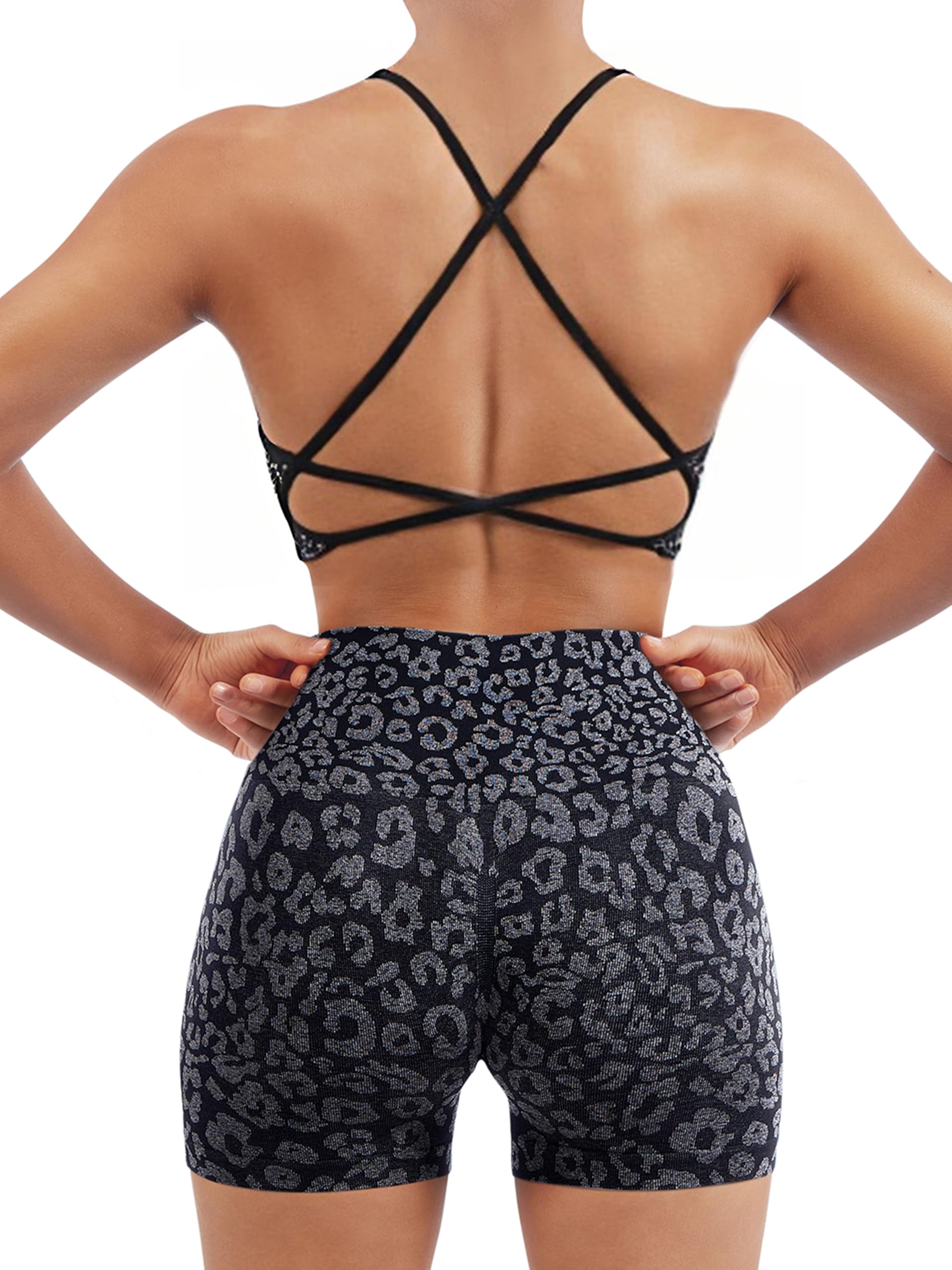 SUUKSESS Women Seamless Workout Sets Strappy Sports Bra High Waist Booty Shorts Outfits