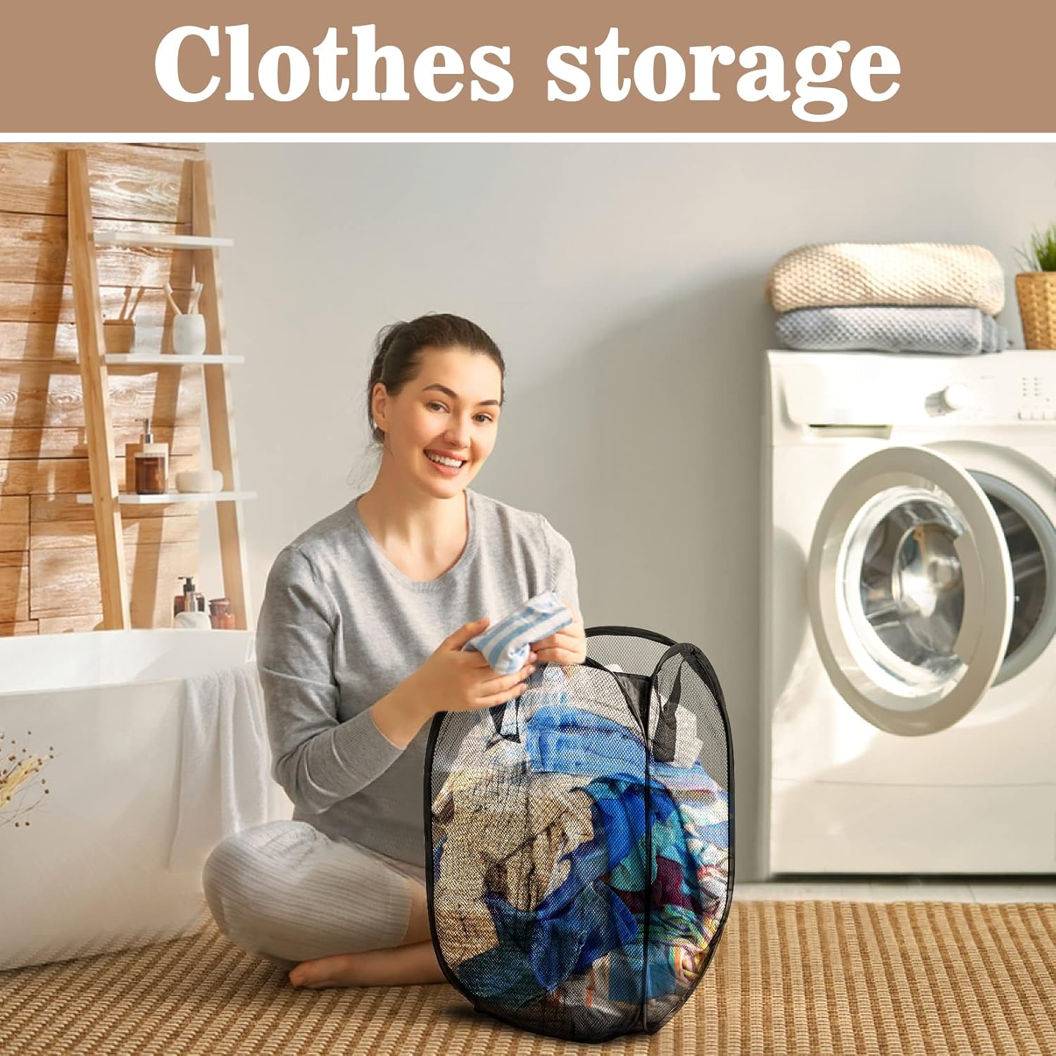 MAQIHAN Pop up Laundry Hamper - Black Dirty Mesh Laundry Basket - Foldable Collapsible Mesh Popup Laundry Hamper Portable Carrier Baskets Pop up with Handles for Travel Square Clothes Toy Storage Bin