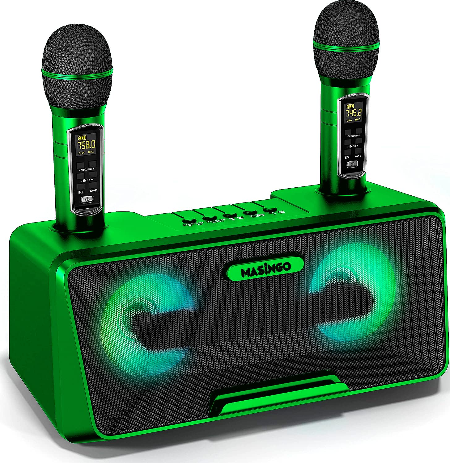 MASINGO Karaoke Machine for Adults and Kids with 2 Wireless Microphones, Portable Bluetooth Singing Speaker, Colorful LED Lights, PA System, Lyrics Display Holder & TV Cable - Presto G2 (Green)