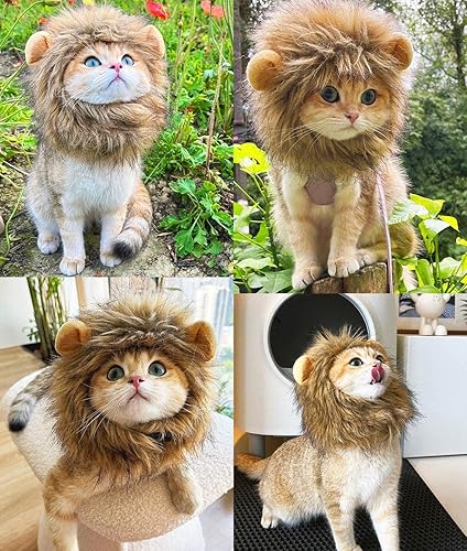 Miniatura 6 de RosyLife Peluca de melena de león para disfraz de gato, ajustable, lavable, cómoda, elegante, pelo de león, vestido de ropa de gato para Halloween,